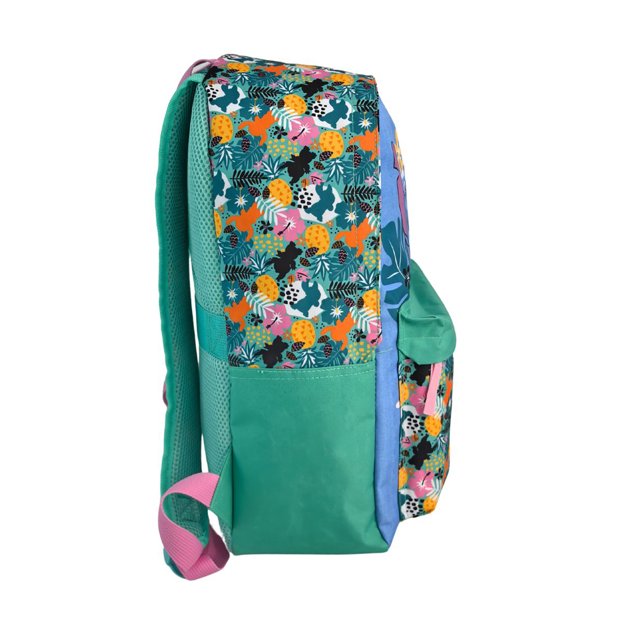 Vista laterale di uno zaino Stitch con motivi floreali e ananas. È blu con una tasca a rete verde e cinghie rosa.