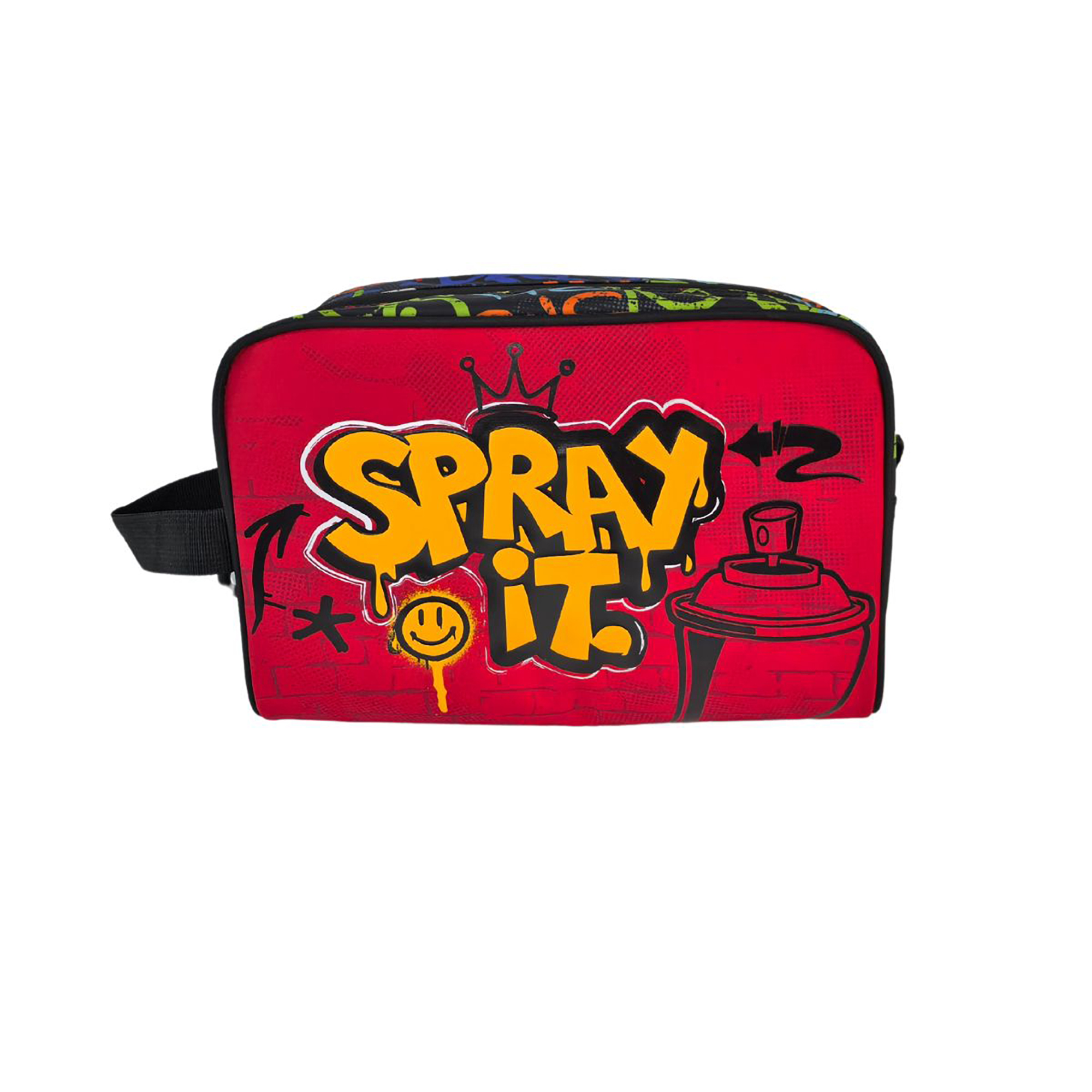 Astuccio rosso con arte graffiti. Testo giallo "SPRAY IT", una corona, una faccina sorridente e una bomboletta spray.