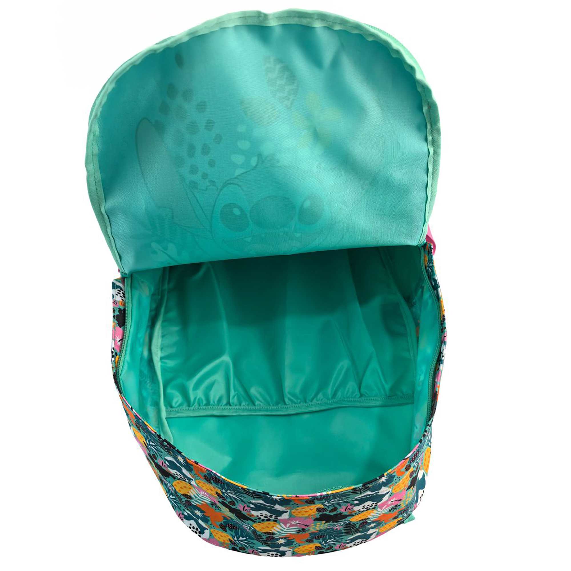 Zaino Stitch aperto con grafica Stitch all'interno della patta superiore. Tasche interne verdi e motivo floreale.