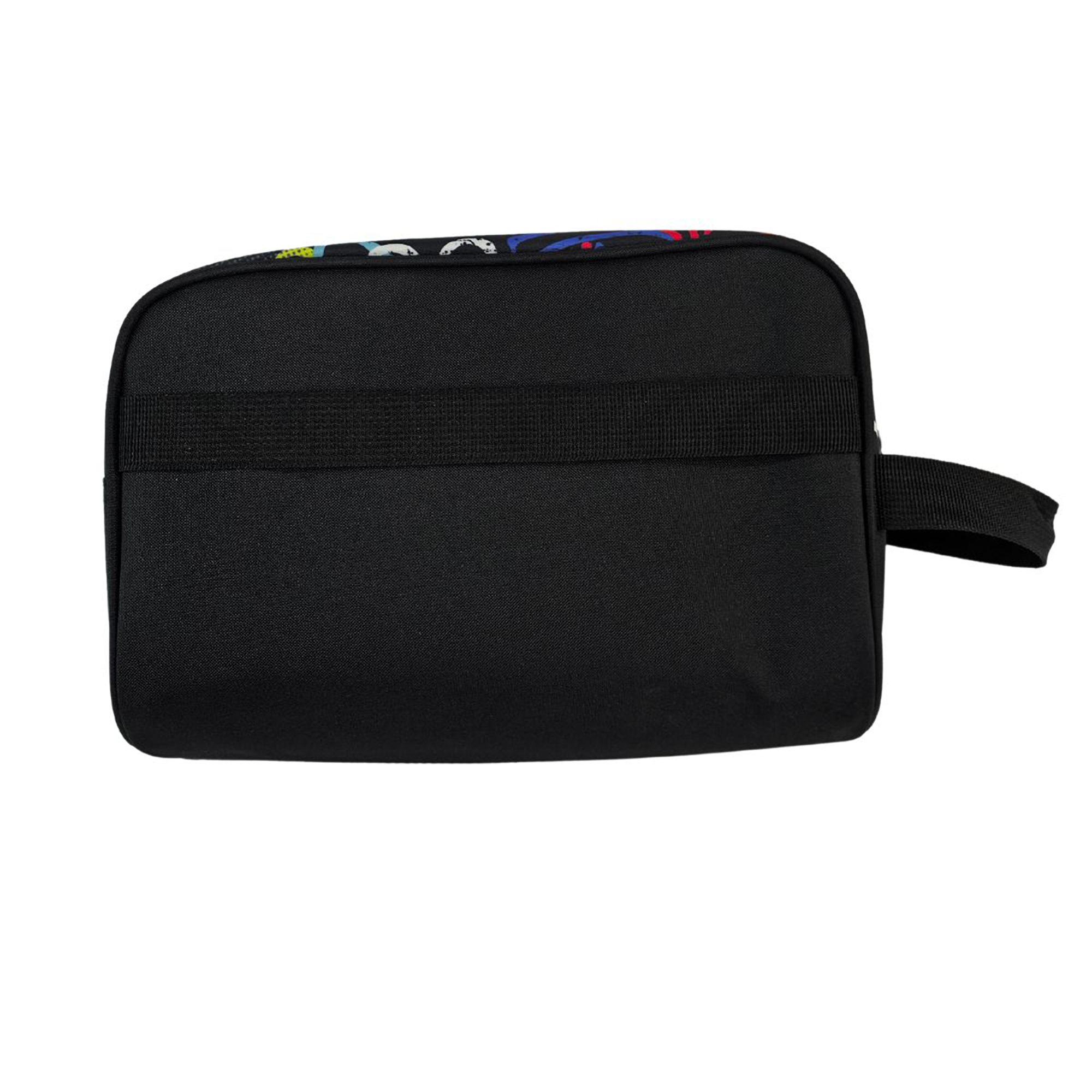 Borsa da toilette rettangolare nera con manico e cinturino nero. Ci sono motivi colorati sulla parte superiore della borsa.