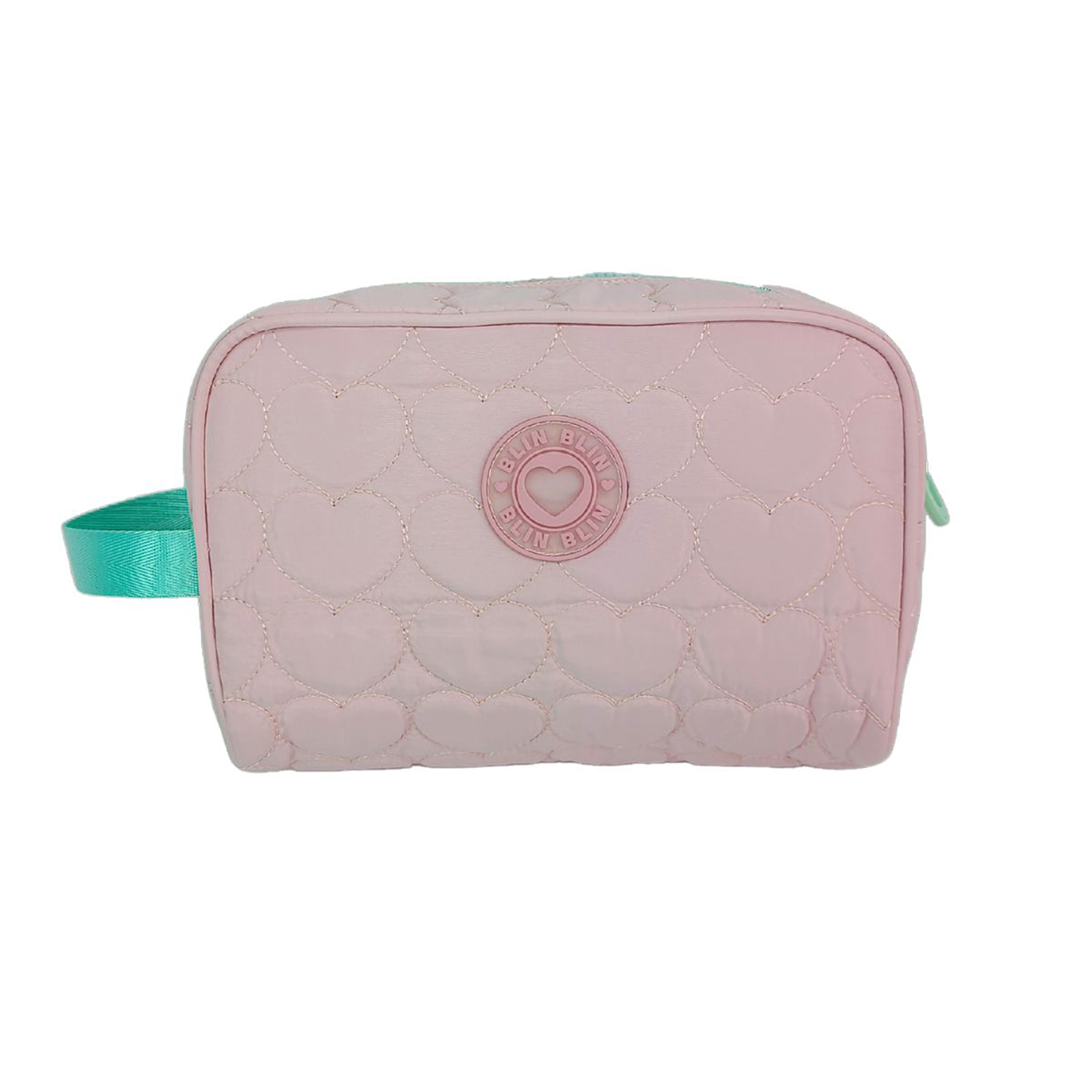Borsetta rosa con motivo a cuore e manico verde acqua. Ha un design a cuore cucito.