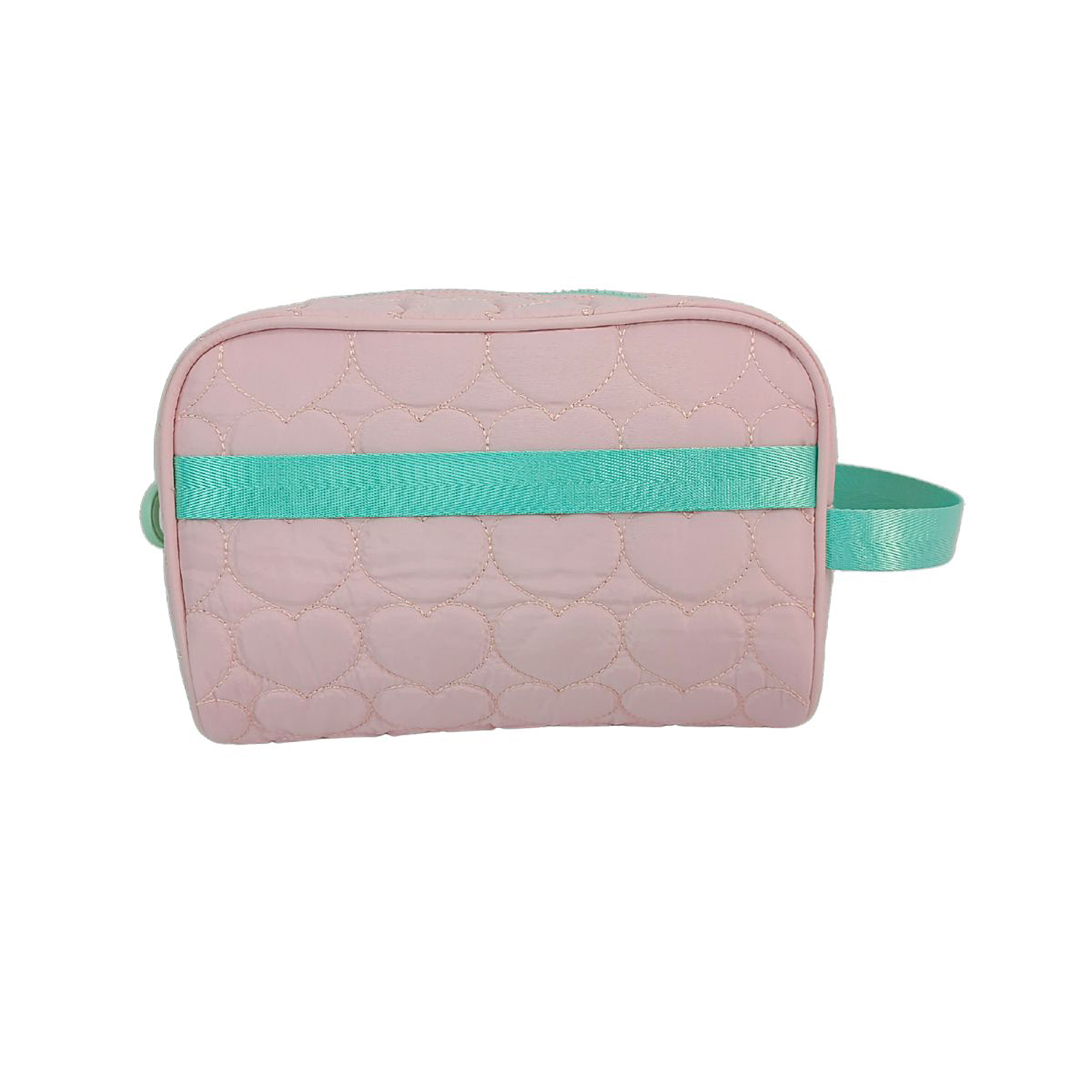 Borsa da viaggio rosa trapuntata con motivo a cuore, fascia verde acqua e manico. Scatto orizzontale.