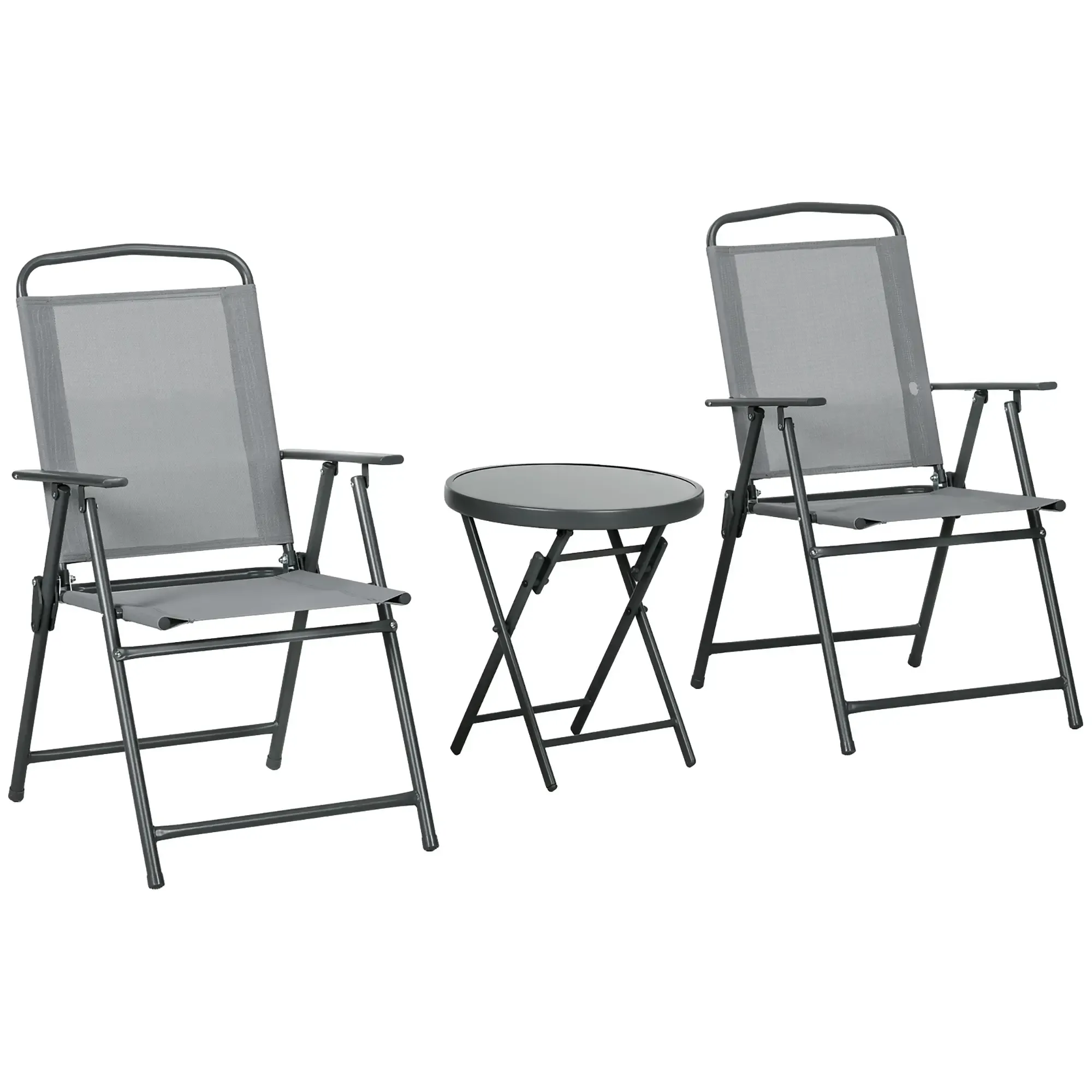 Ein Satz klappbarer Gartenmöbel: 2 Stühle und ein Tisch.
