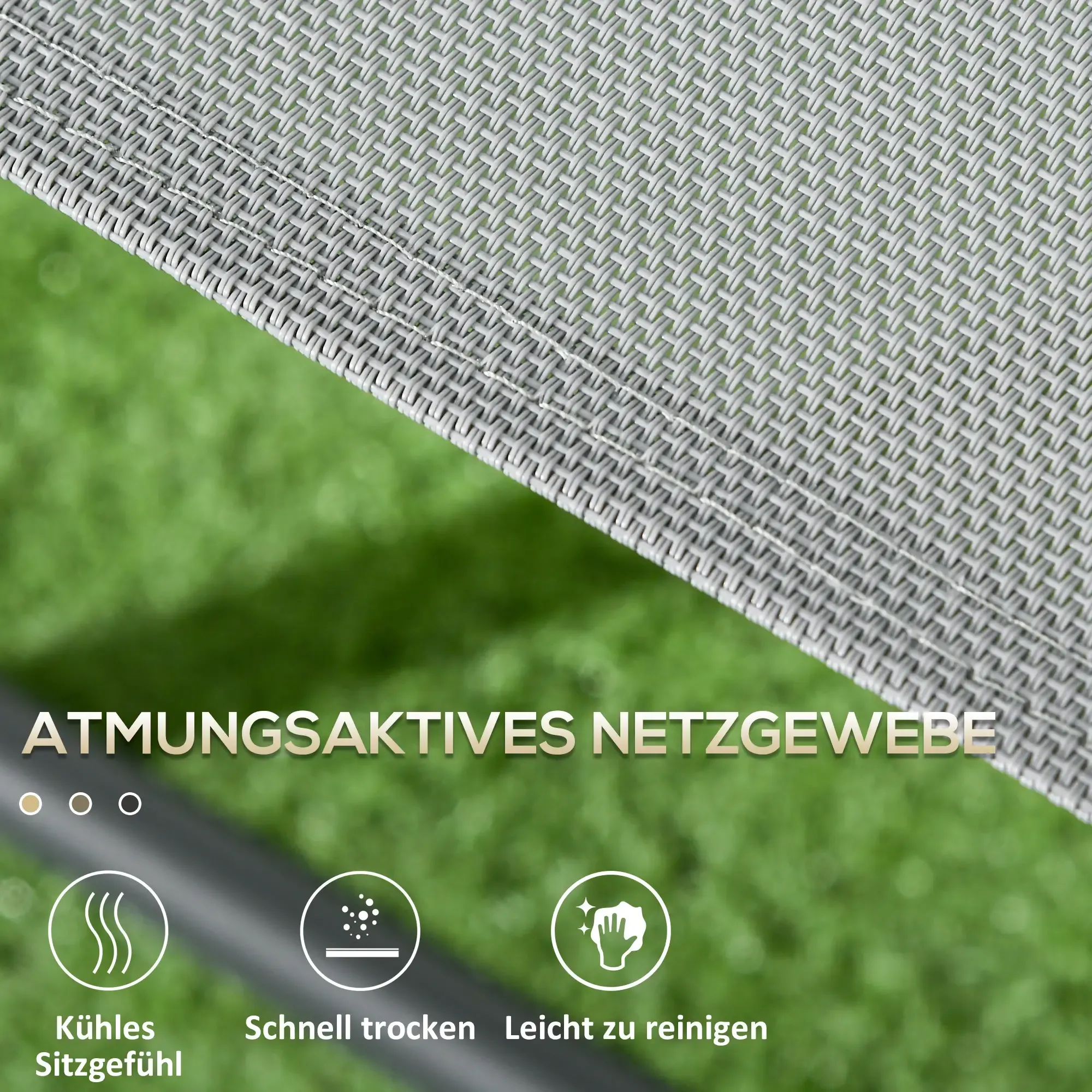 Nahaufnahme eines atmungsaktiven Netzgewebes auf einem grauen Stuhl, mit Text auf Deutsch und Symbolen, die Funktionen anzeigen.