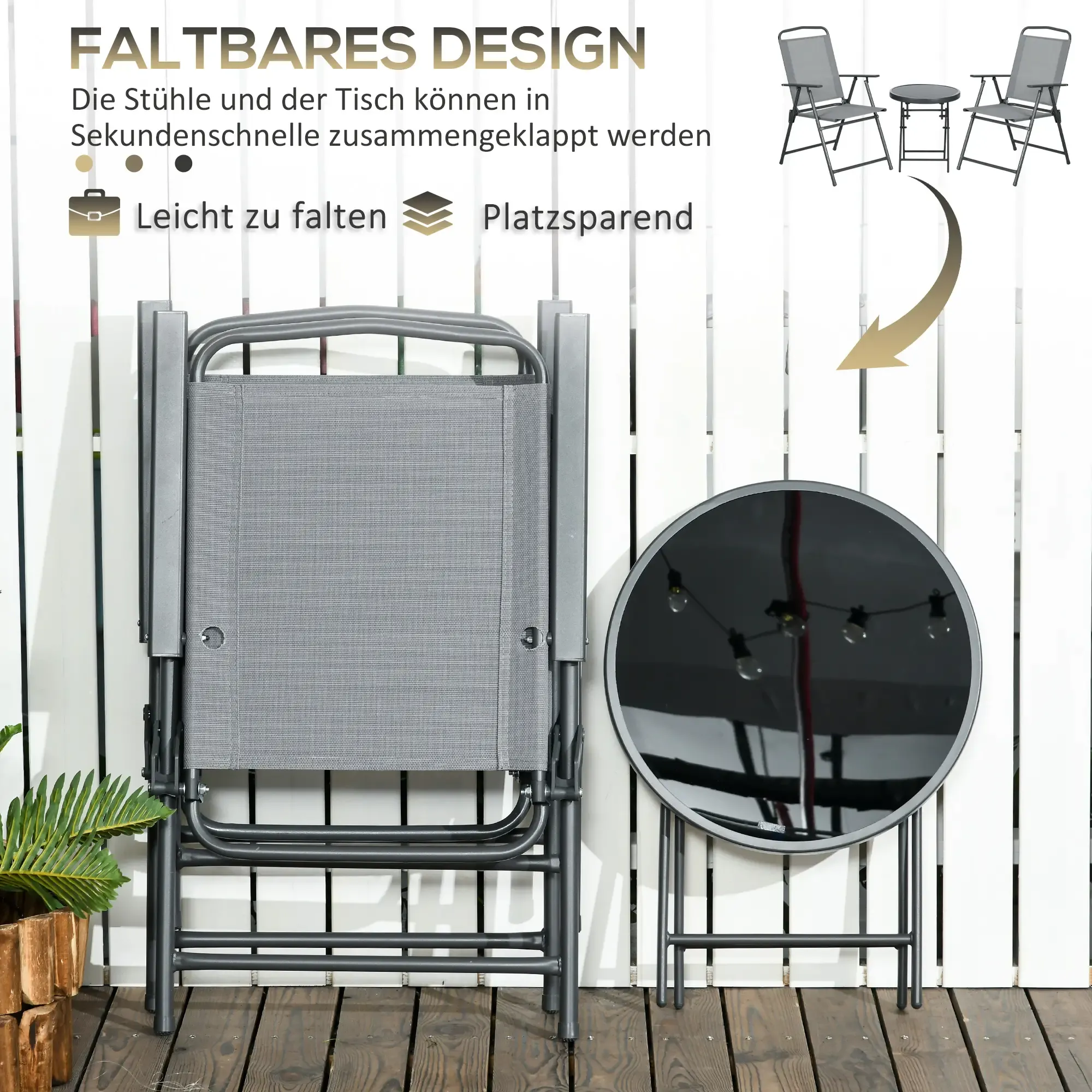 Klappbares Gartenmöbel-Set: 2 Stühle und ein Tisch.