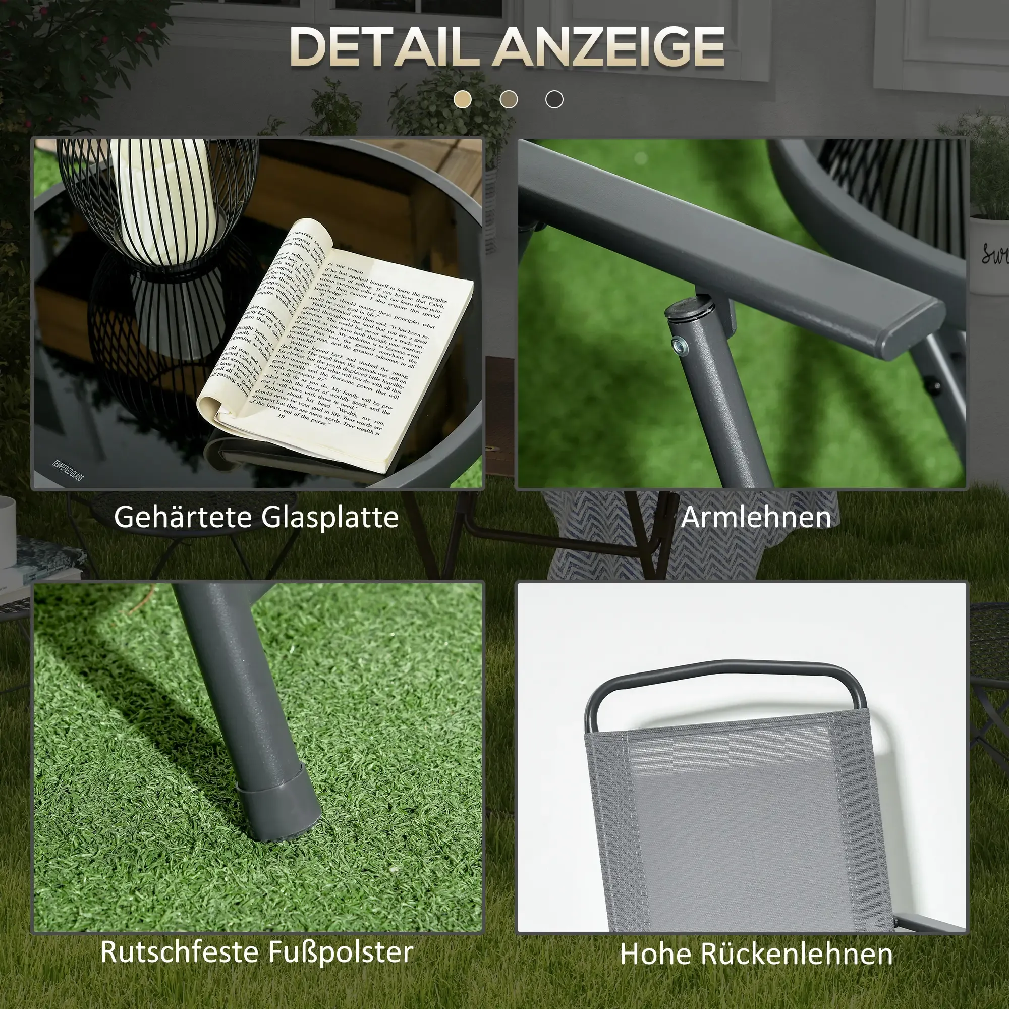 Collage mit Nahaufnahmen von Details von Gartenmöbeln: Glasplatte, Armlehnen, Fußpolster und Rückenlehnen.