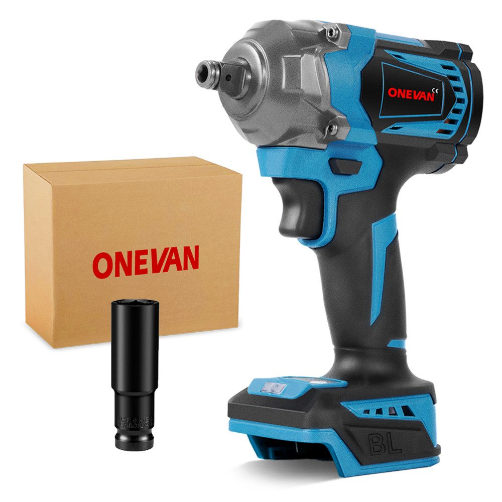 Blaues und schwarzes Elektrowerkzeug mit silbernem Kopf und eine braune Box mit dem Wort 'ONEVAN'.