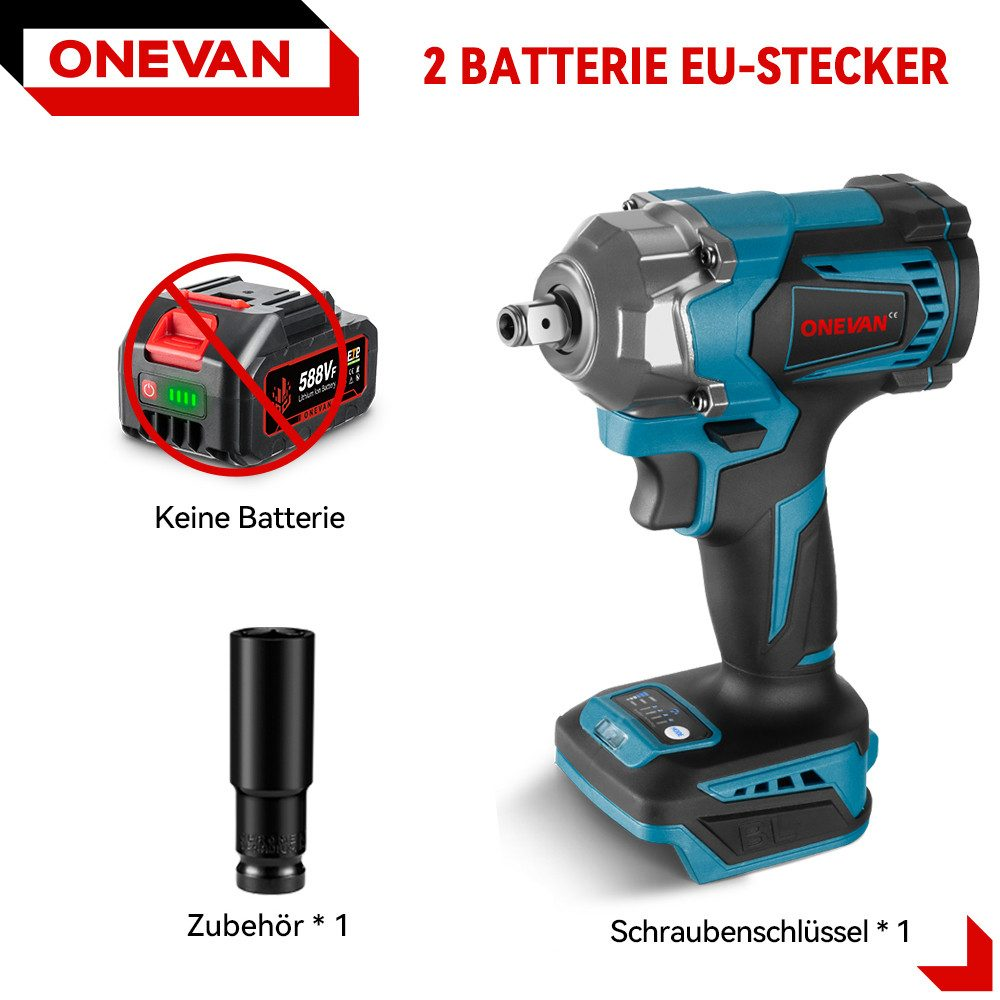 Elektrowerkzeug mit schwarz-blauem Design, schwarzer Stecknuss, ohne Akku und einem Schraubenschlüssel.