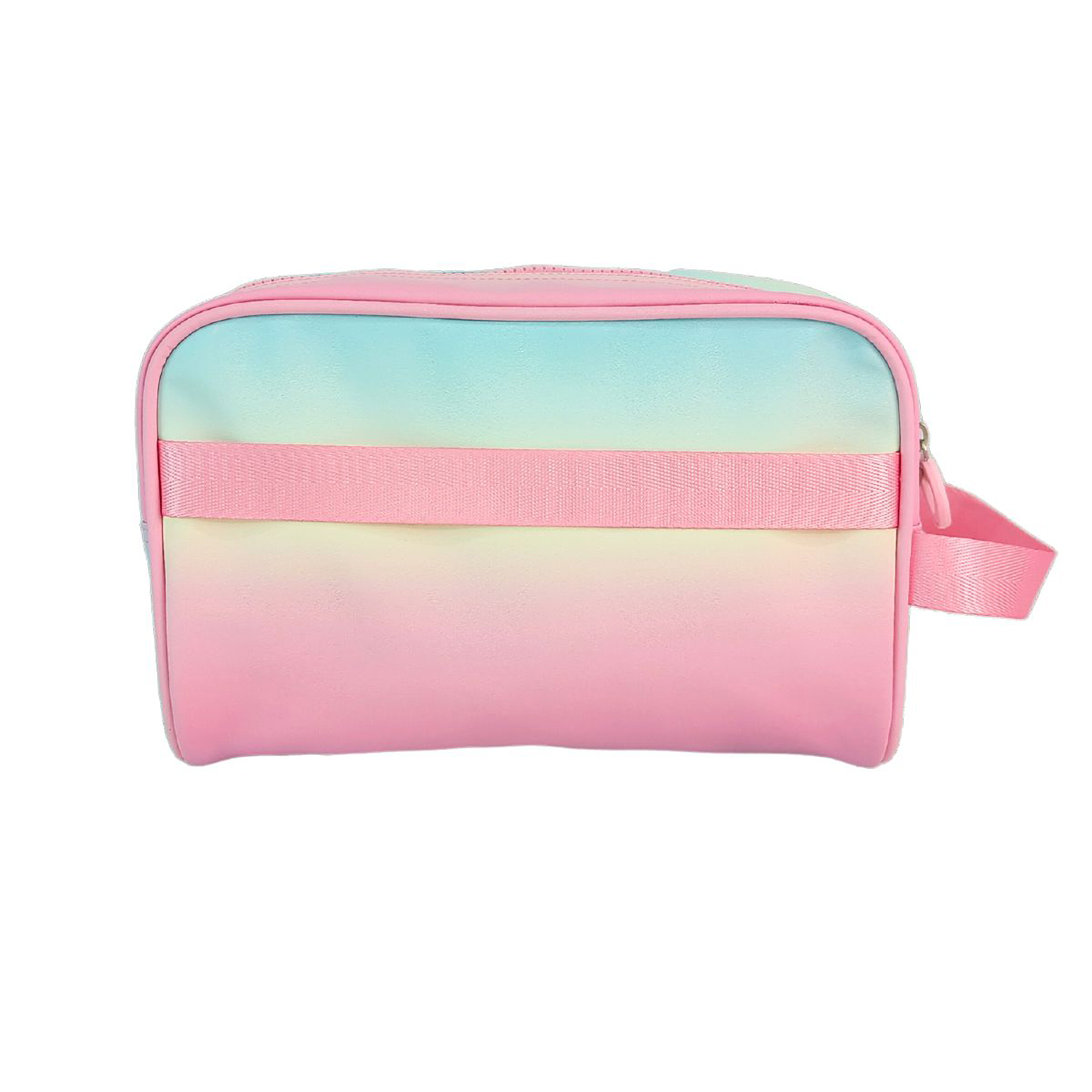 Kosmetiktasche mit Farbverlauf von Pink, Blau und Weiß. Sie hat einen rosa Tragegriff und einen Reißverschluss.