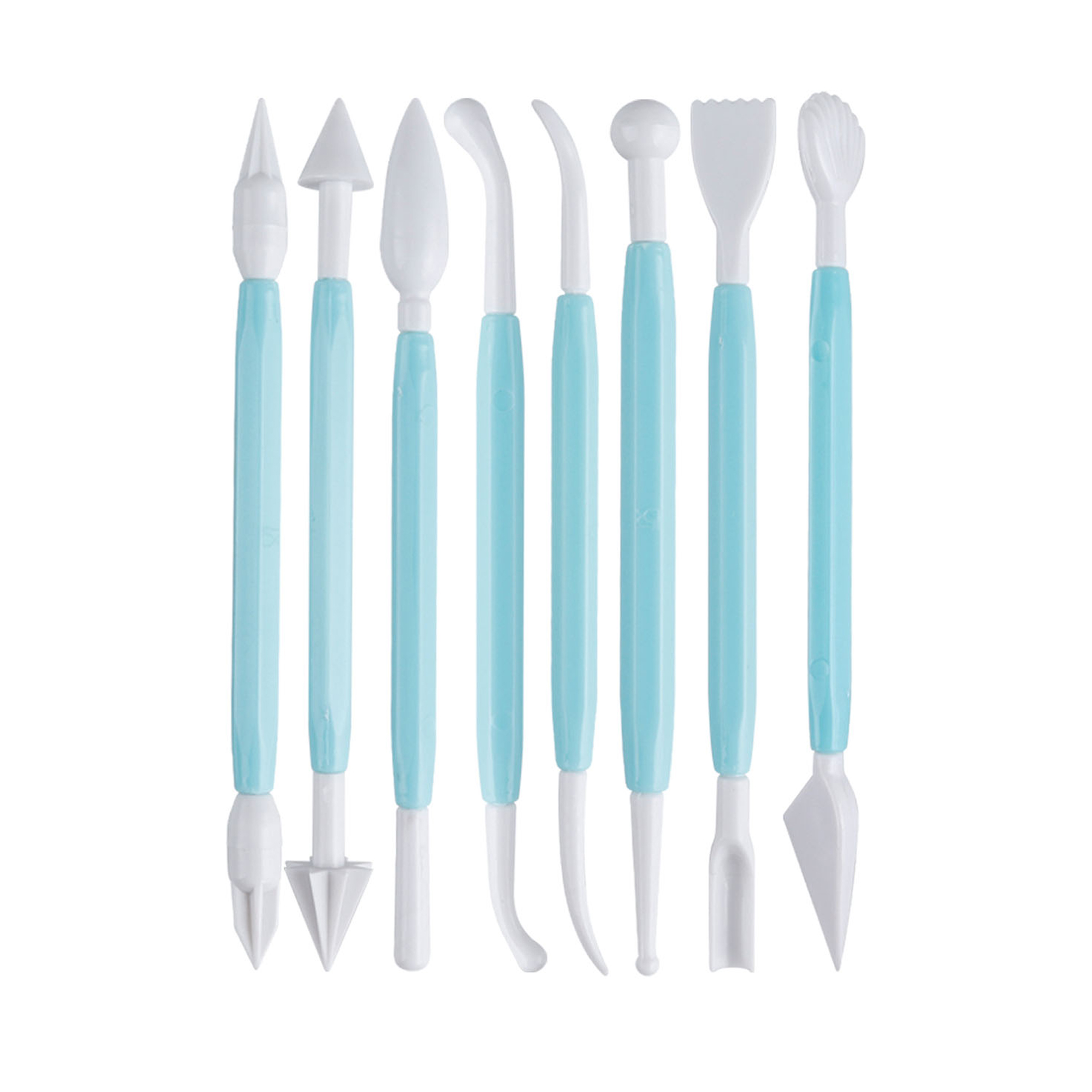 Set di otto strumenti per fondente. Si tratta di strumenti con varie punte e manici blu. Sfondo bianco.