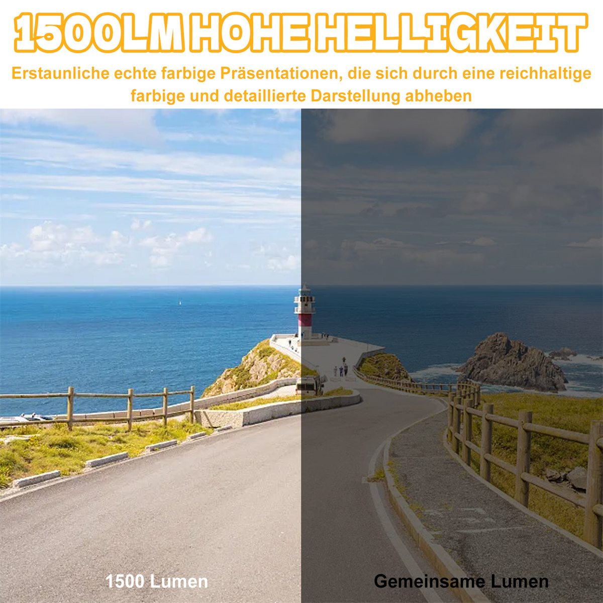Ein geteiltes Bild, eine Hälfte ist eine Straße zu einem Leuchtturm, die andere ist dunkel.