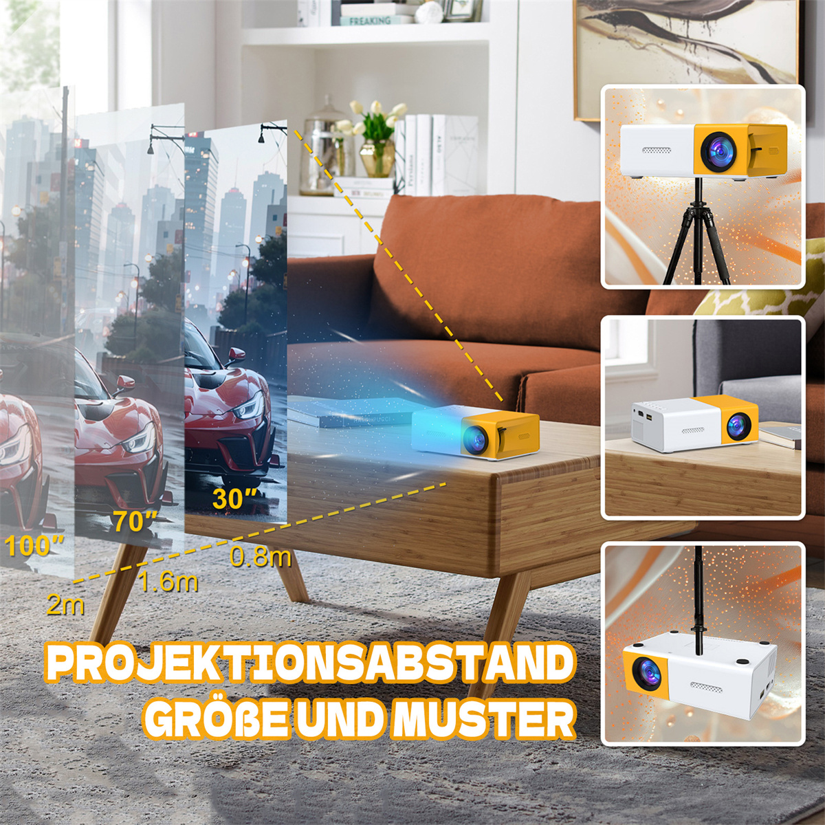 Ein Projektor steht auf einem Tisch, mit Grafiken zu Projektionsabstand und -größe, sowie einem Setup.