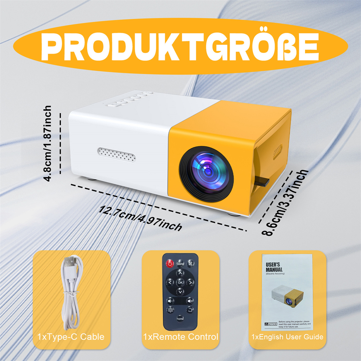 Ein gelb-weißer Projektor mit Abmessungen, Fernbedienung, Kabel und Benutzerhandbuch werden angezeigt.