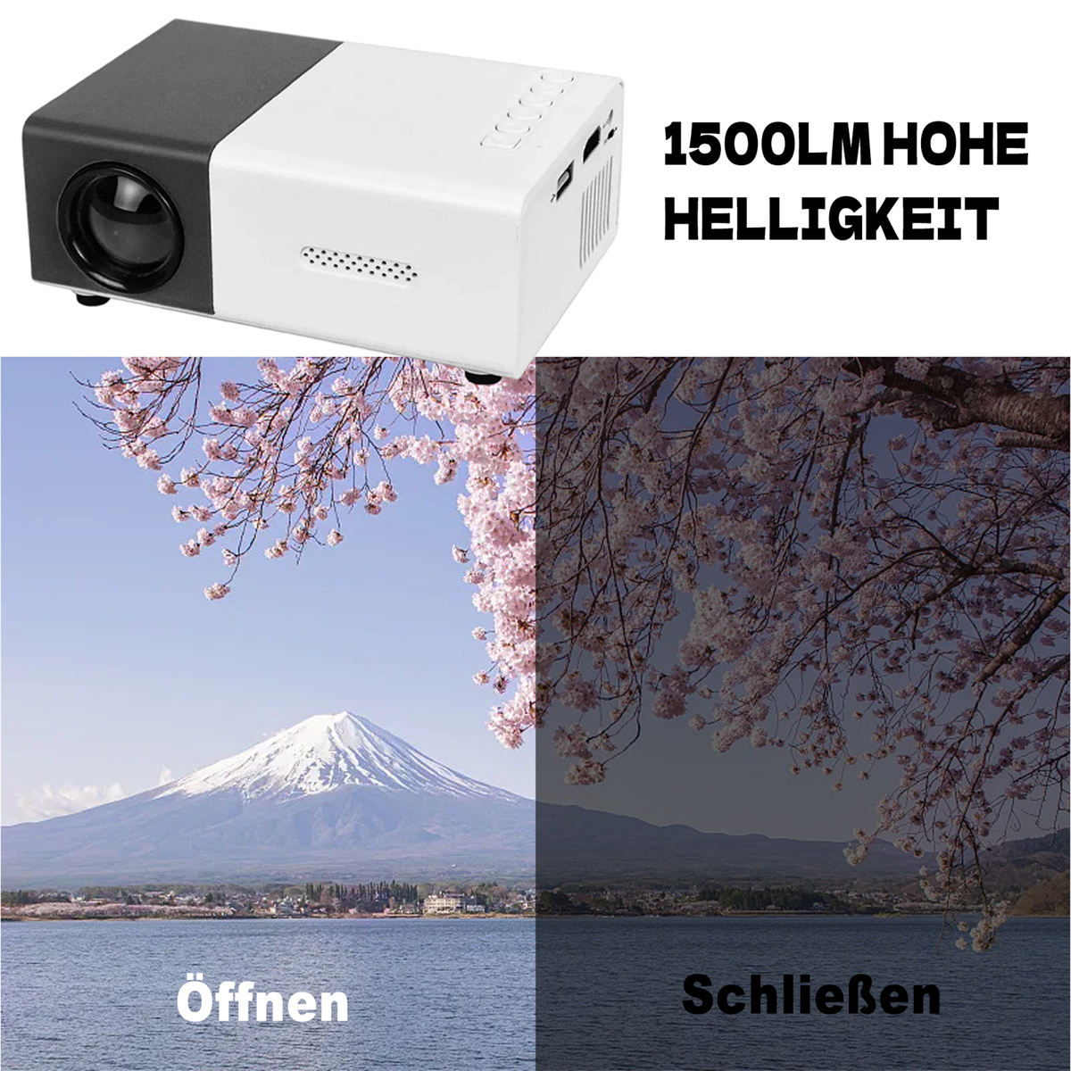 Ein weiß-schwarzer Projektor mit Berglandschaft und eine dunkle Szene mit Kirschblüten.