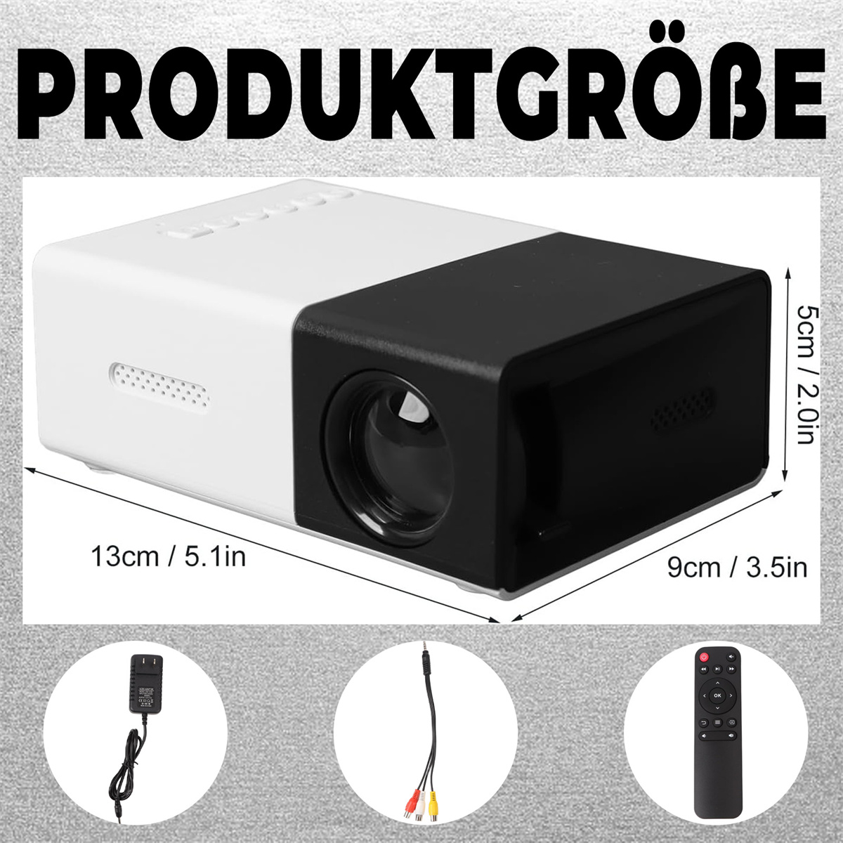 Weißer und schwarzer Projektor mit Abmessungen und Zubehör unten.