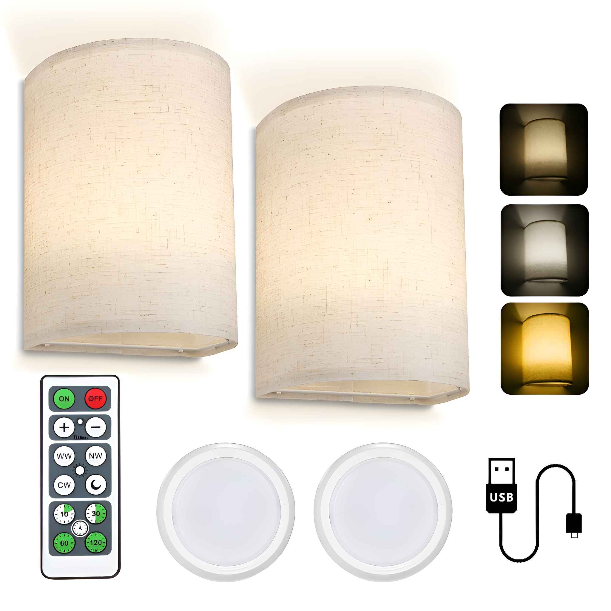 Zwei Wandleuchten mit Stoffschirmen, eine Fernbedienung, zwei kleine Lichter und ein USB-Kabel.