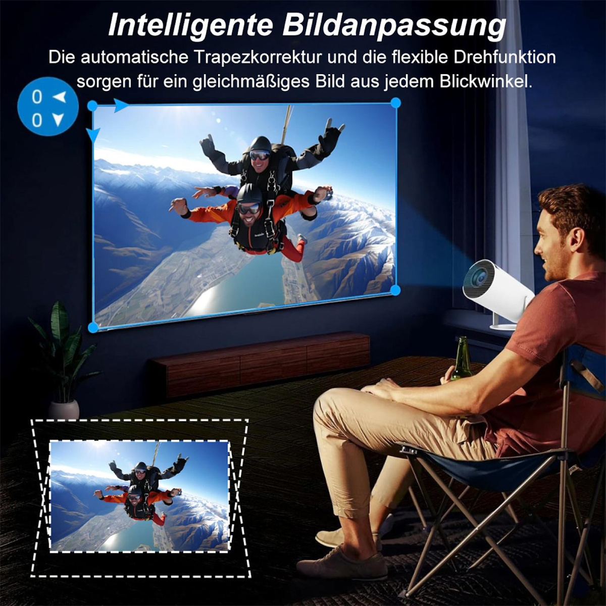 Ein Mann in einem Raum sieht sich ein Fallschirmsprungvideo auf einem Bildschirm an. Der Bildschirm zeigt die Fallschirmspringer in Aktion.