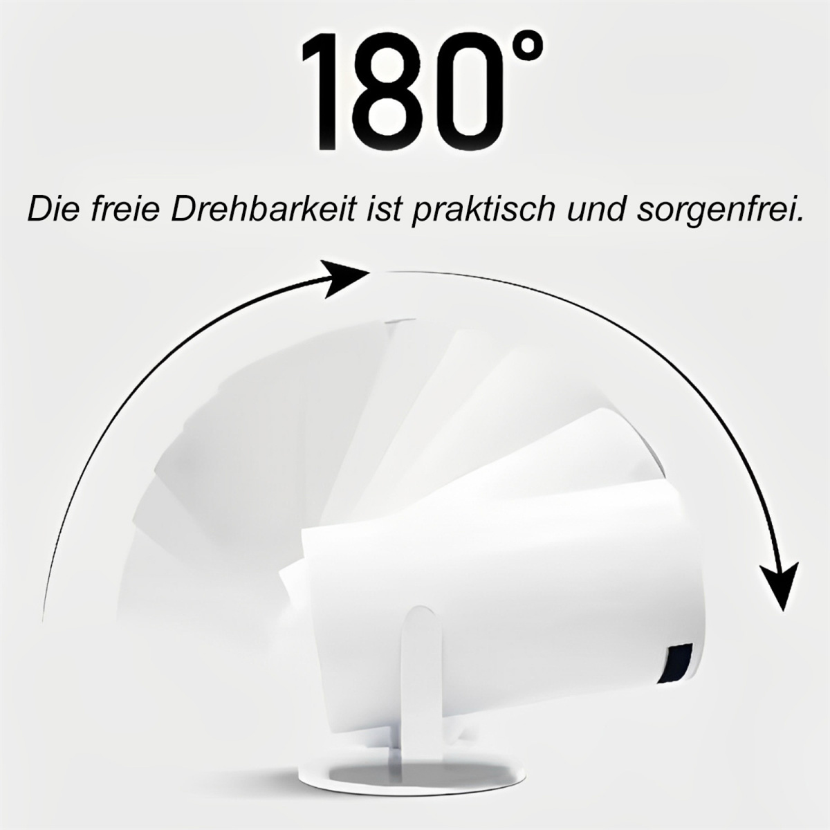 Weißer Projektor auf einem Ständer, der eine 180-Grad-Drehung demonstriert. Der Pfeil zeigt die Drehrichtung.