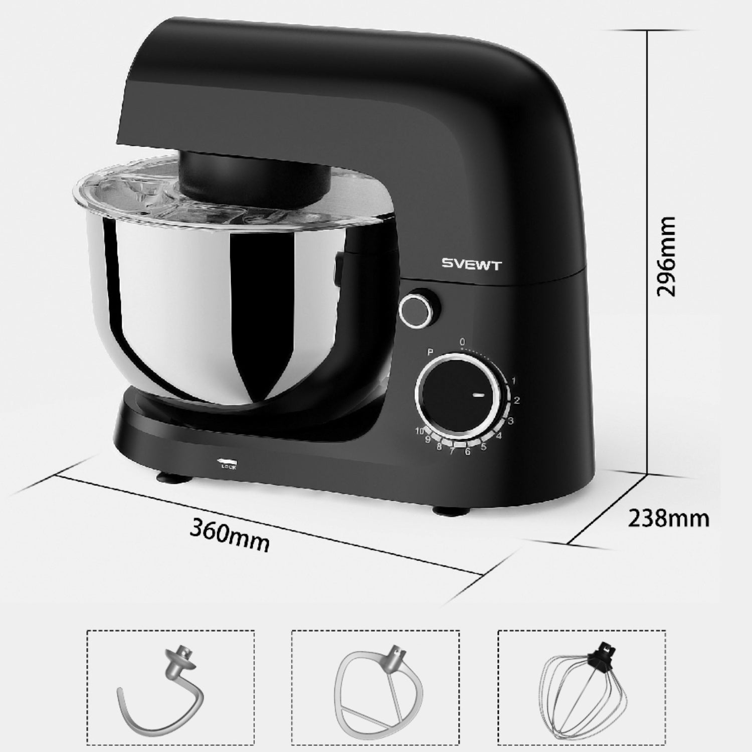 Ein schwarzer Küchenmixer mit Maßen, einer Schüssel und verschiedenen Aufsätzen.