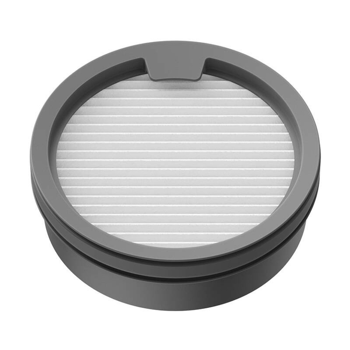 Un filtro dell'aria circolare grigio con materiale filtrante bianco visibile all'interno.