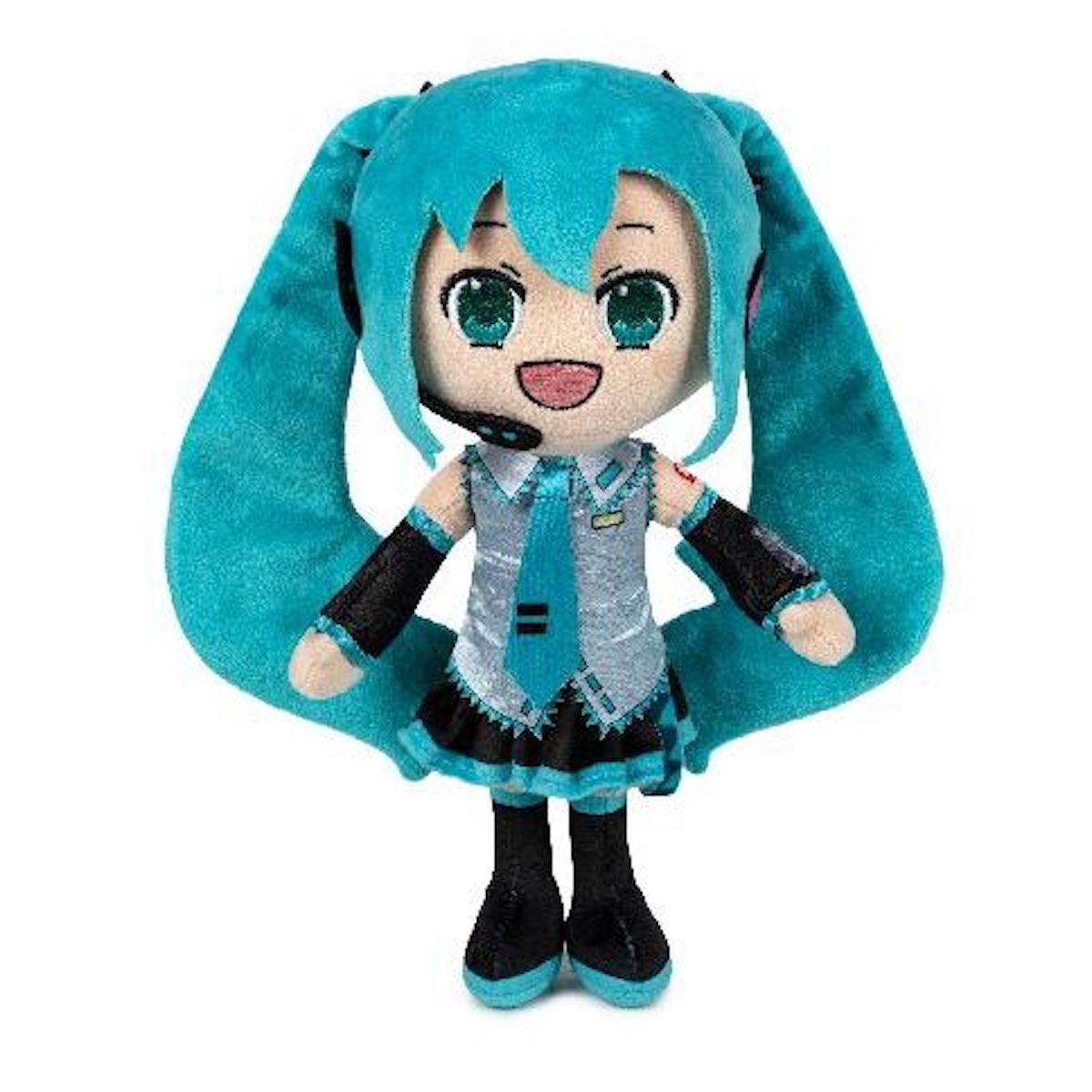 Pluszowa lalka Hatsune Miku z turkusowymi włosami i szarym i czarnym strojem.