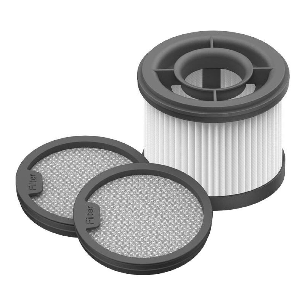 Filtros de aspiradora. Dos filtros circulares y un filtro cilíndrico más grande sobre blanco.