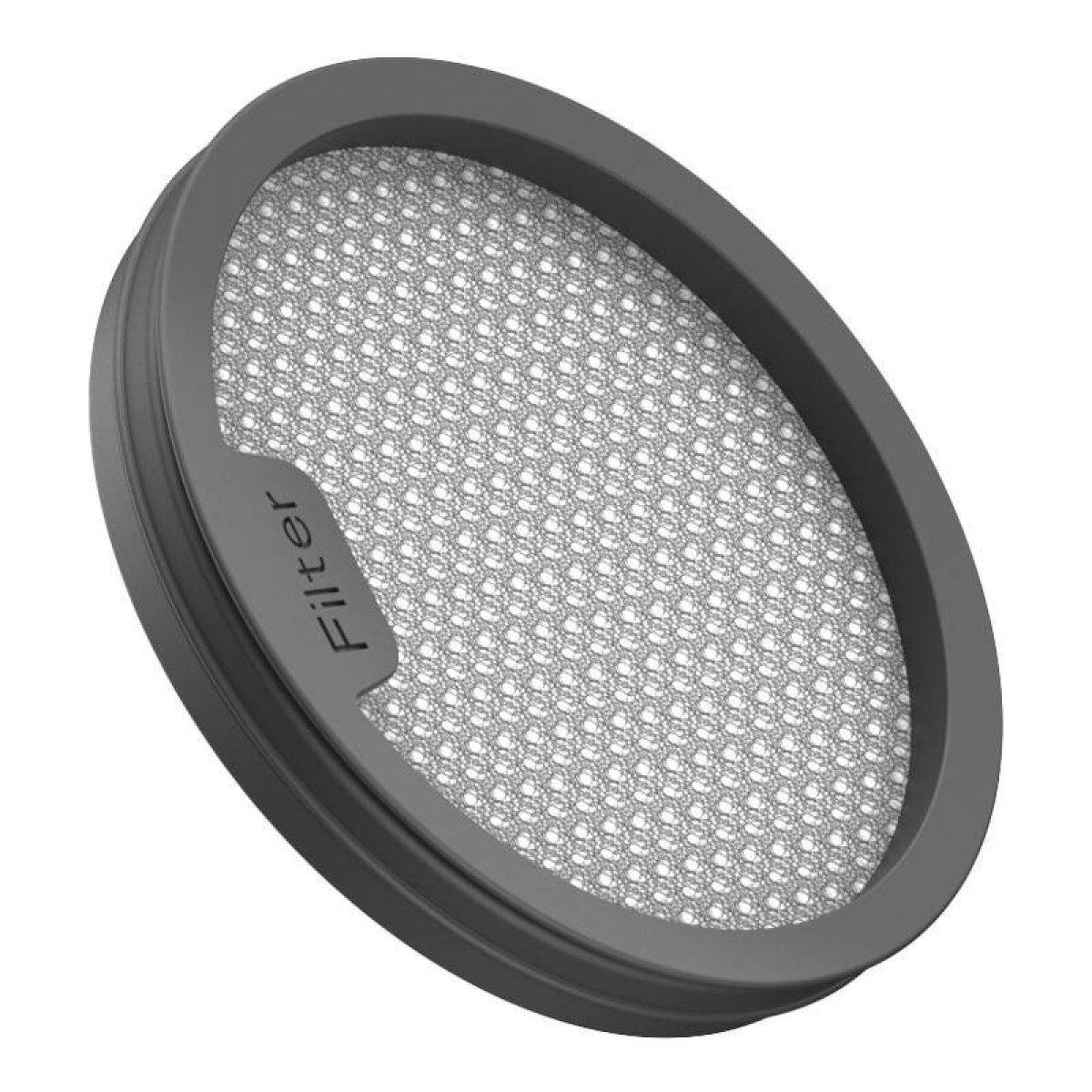 Un filtro gris con una malla se muestra en ángulo. La palabra 'Filter' está impresa en él.