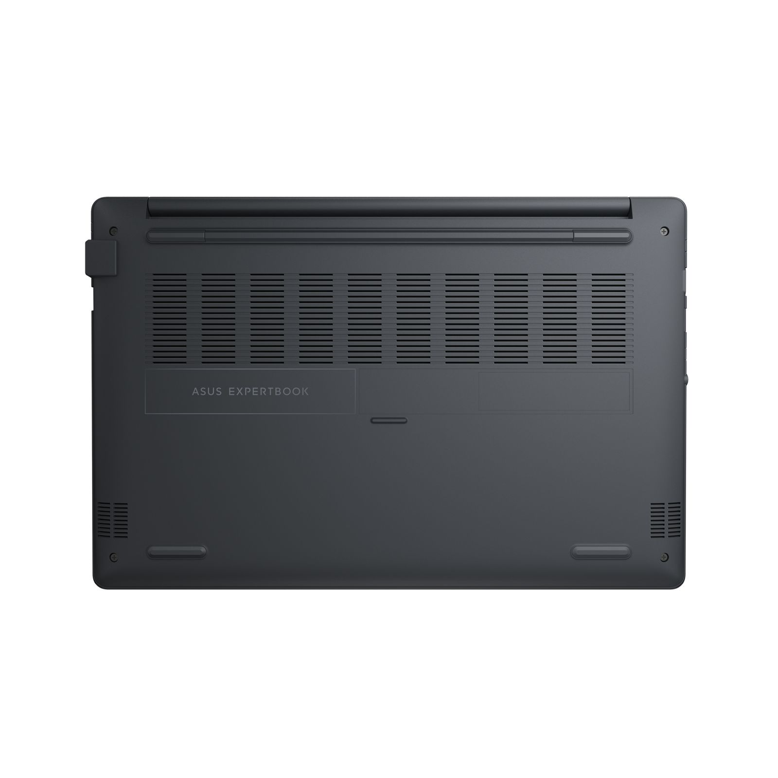 Die Unterseite eines dunkelgrauen Laptops. Es hat Lüftungsschlitze, Füße und den Text 'ASUS EXPERTBOOK'.