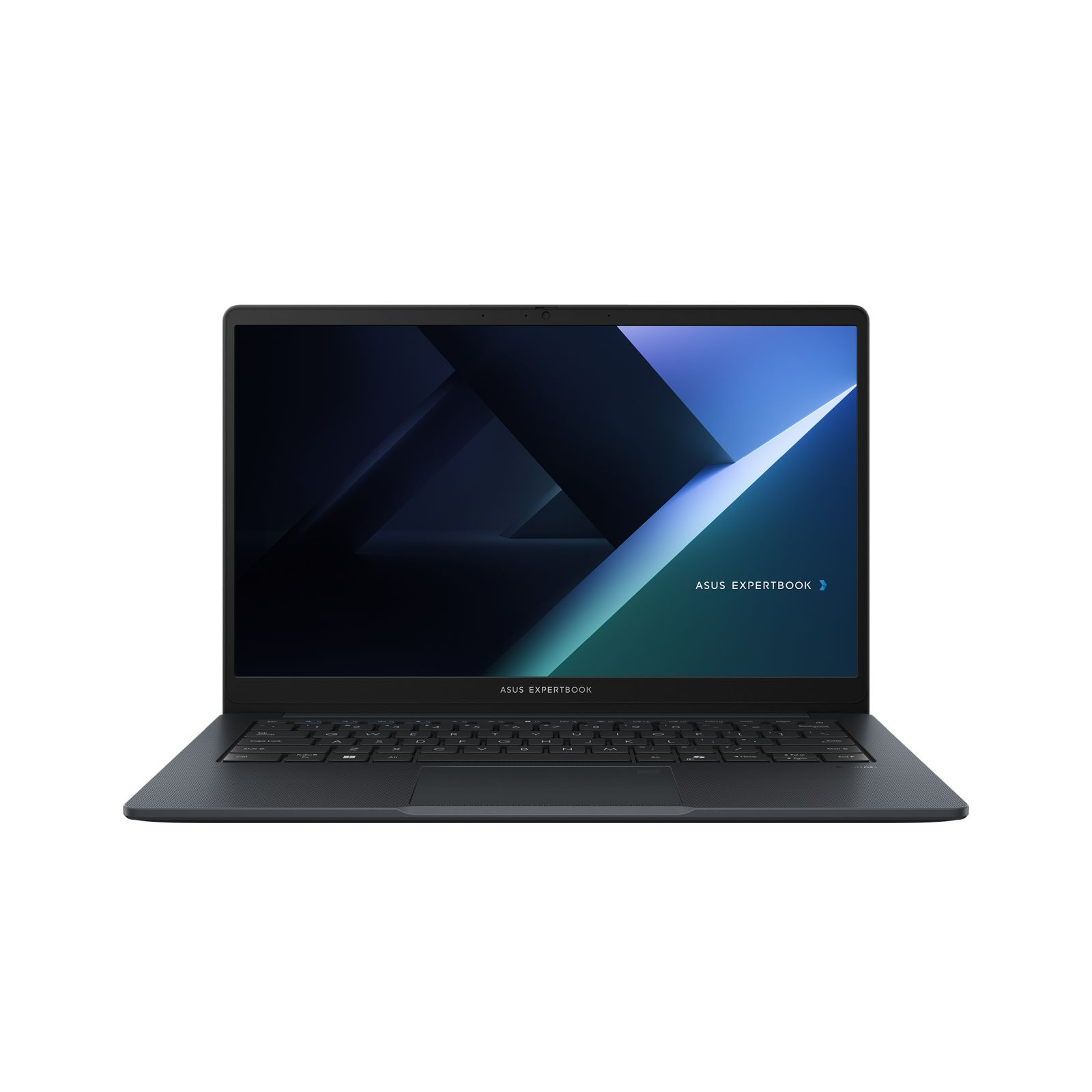 Ein schwarzer Laptop mit geöffnetem Bildschirm. Der Bildschirm zeigt ein blau-weißes abstraktes Design.