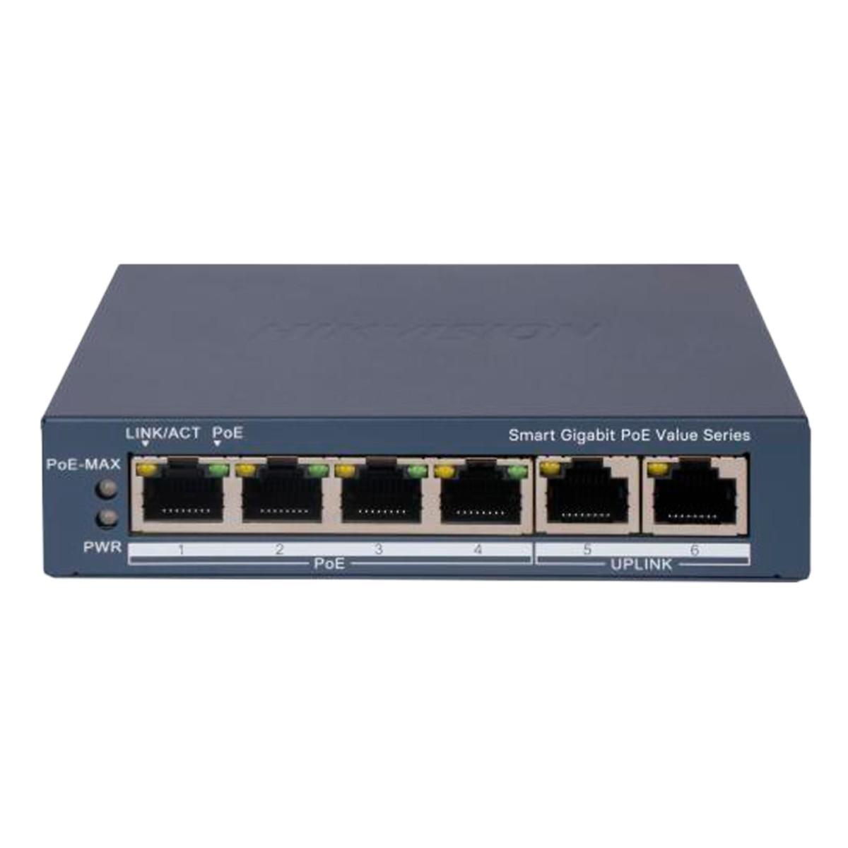 Uno switch di rete grigio scuro con porte ed etichette. Il marchio Hikvision è visibile.