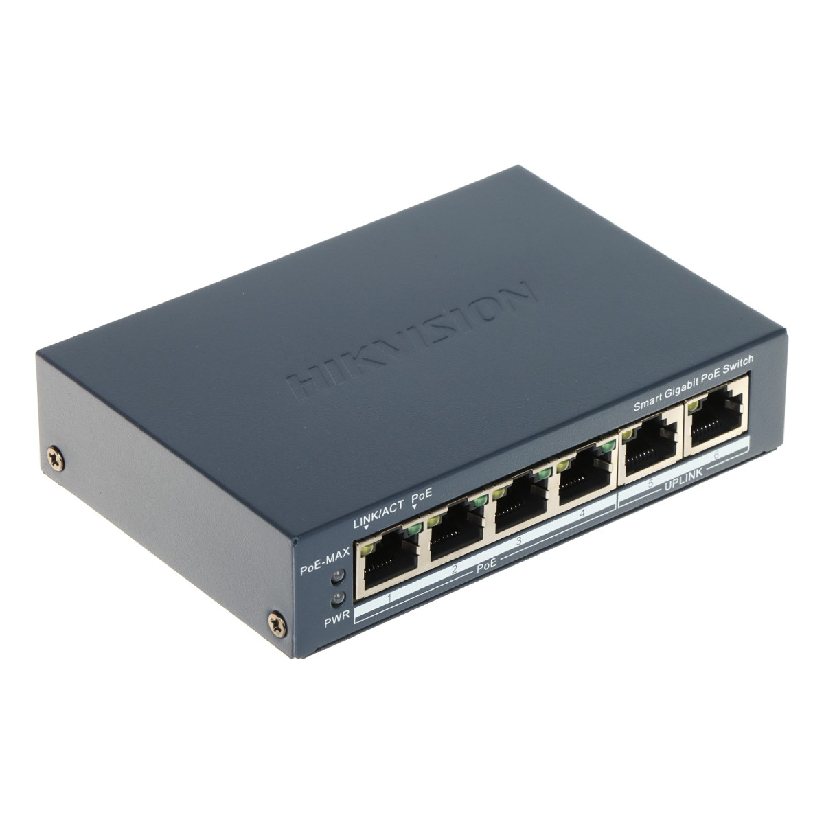 Uno switch di rete grigio scuro con porte ed etichette. Il marchio Hikvision è visibile.