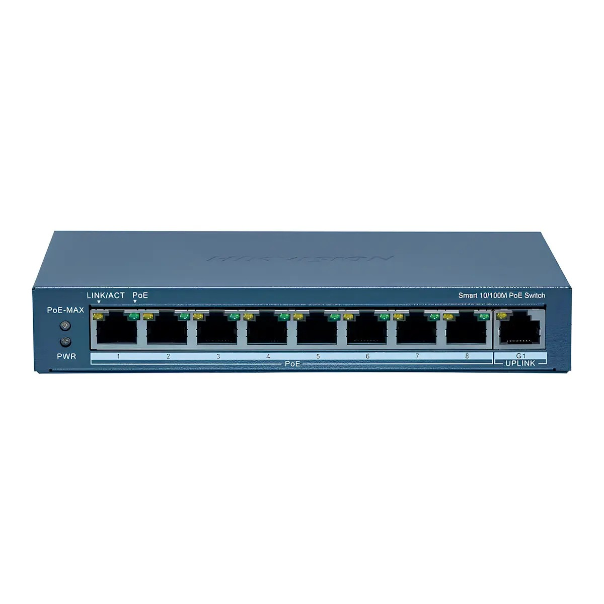 Un conmutador de red azul con múltiples puertos. El conmutador está sobre un fondo blanco.