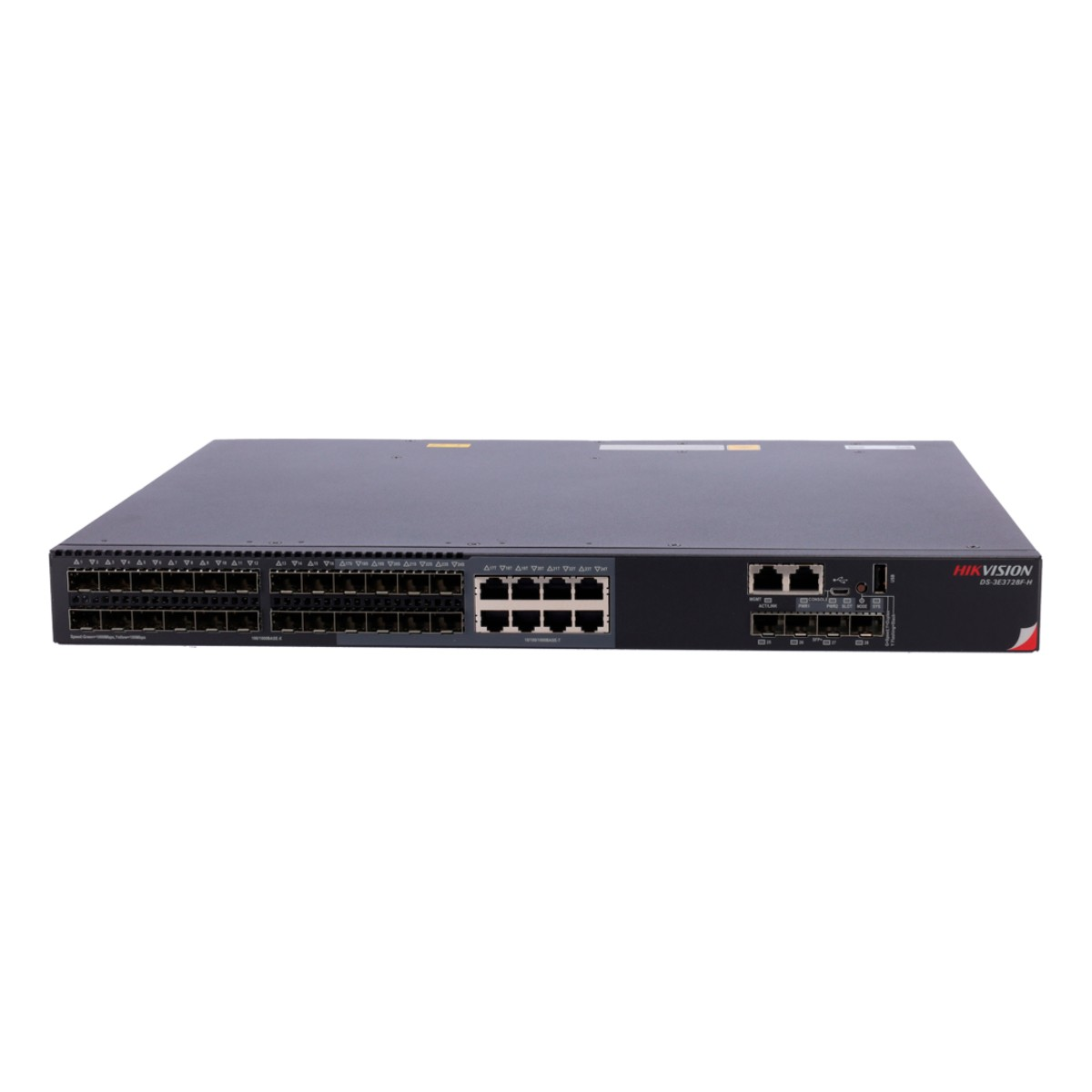 Uno switch di rete nero con molte porte, su sfondo bianco. Il marchio è HIKVISION.