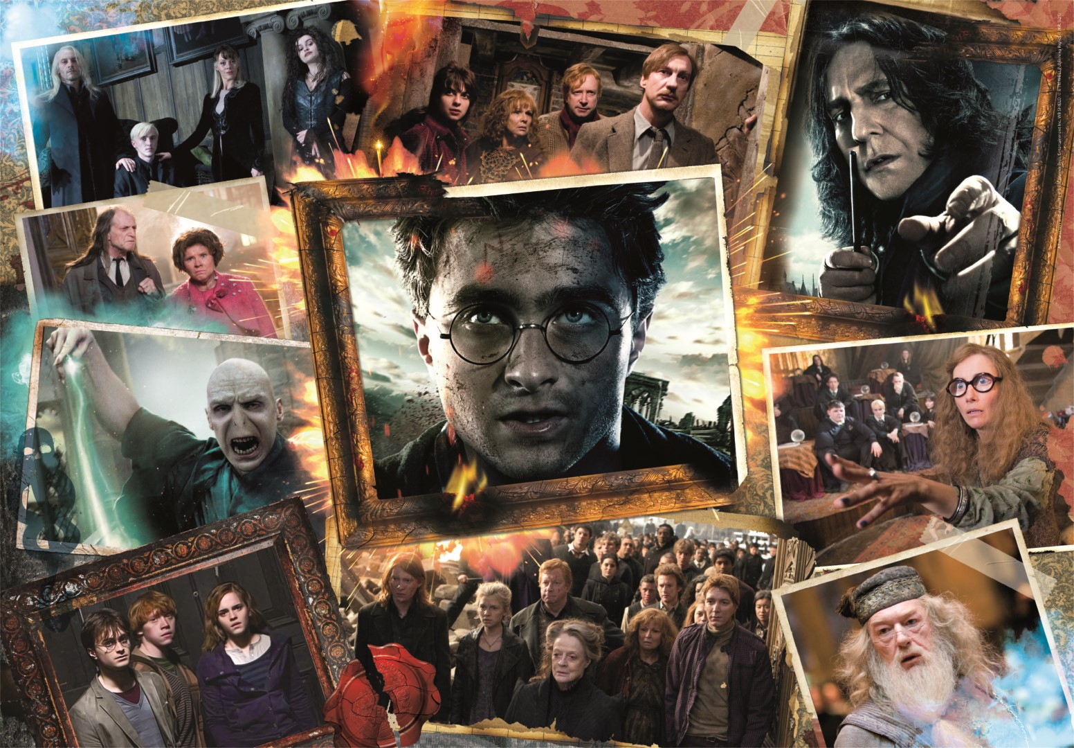 Puzzle Harry Potter z wieloma obrazami z filmu na powierzchni.