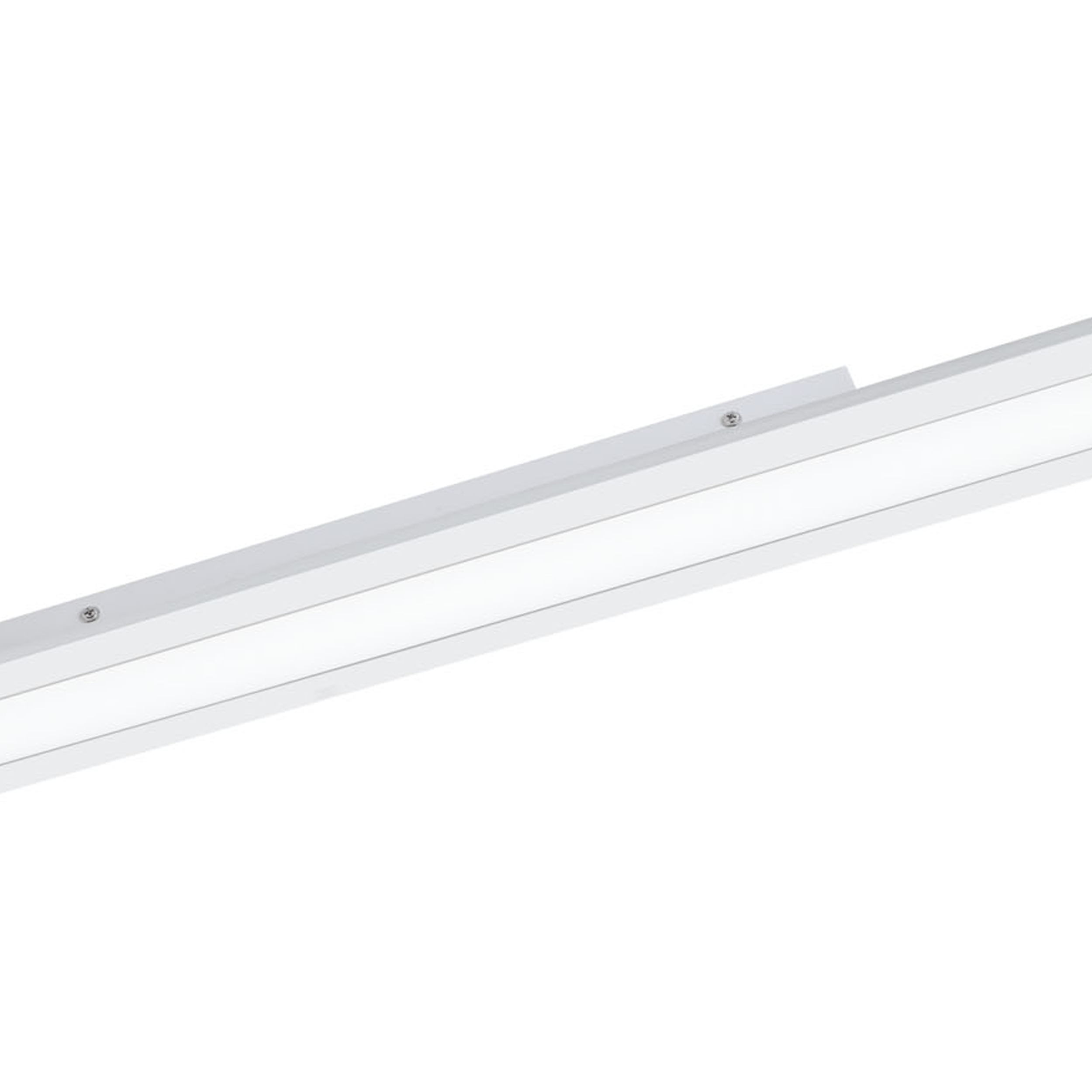 Una lunga striscia luminosa a LED bianca con una luminosità intensa. È montata su una superficie bianca.