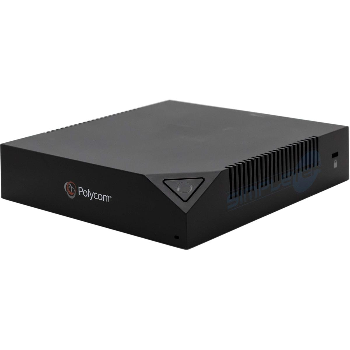 Dispositivo Polycom nero con logo e fessure di ventilazione.