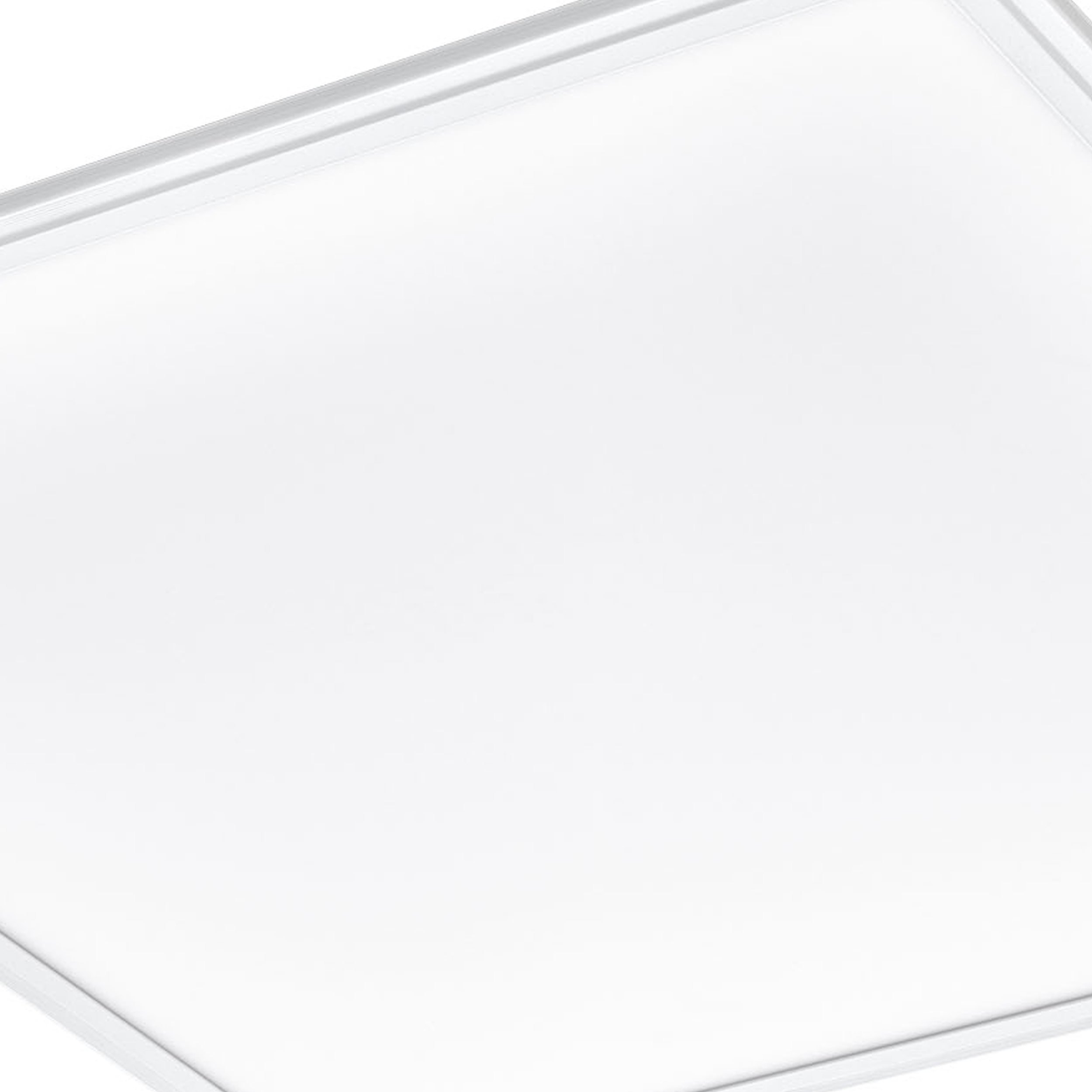 Un pannello LED bianco quadrato con una sottile cornice argentata. È su sfondo bianco.