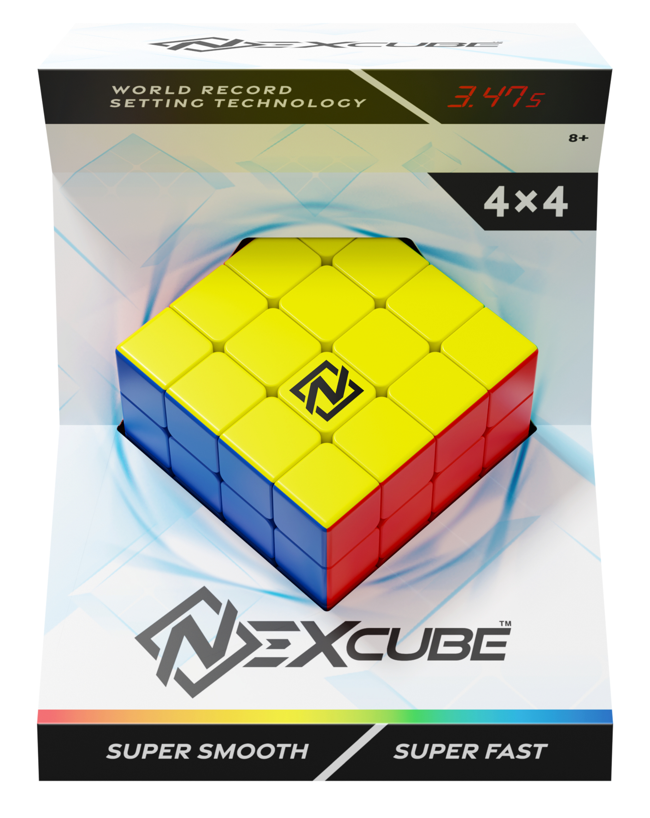 Układanka kostki w pudełku. Kostka jest żółta, niebieska, czerwona i biała. Pudełko ma tekst i logo.