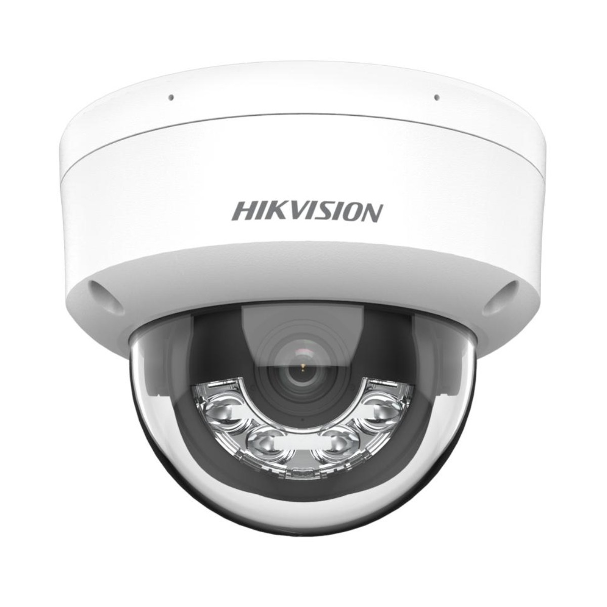 Telecamera a cupola bianca con logo HIKVISION. Ha un'area obiettivo nera e luci. Sfondo bianco.