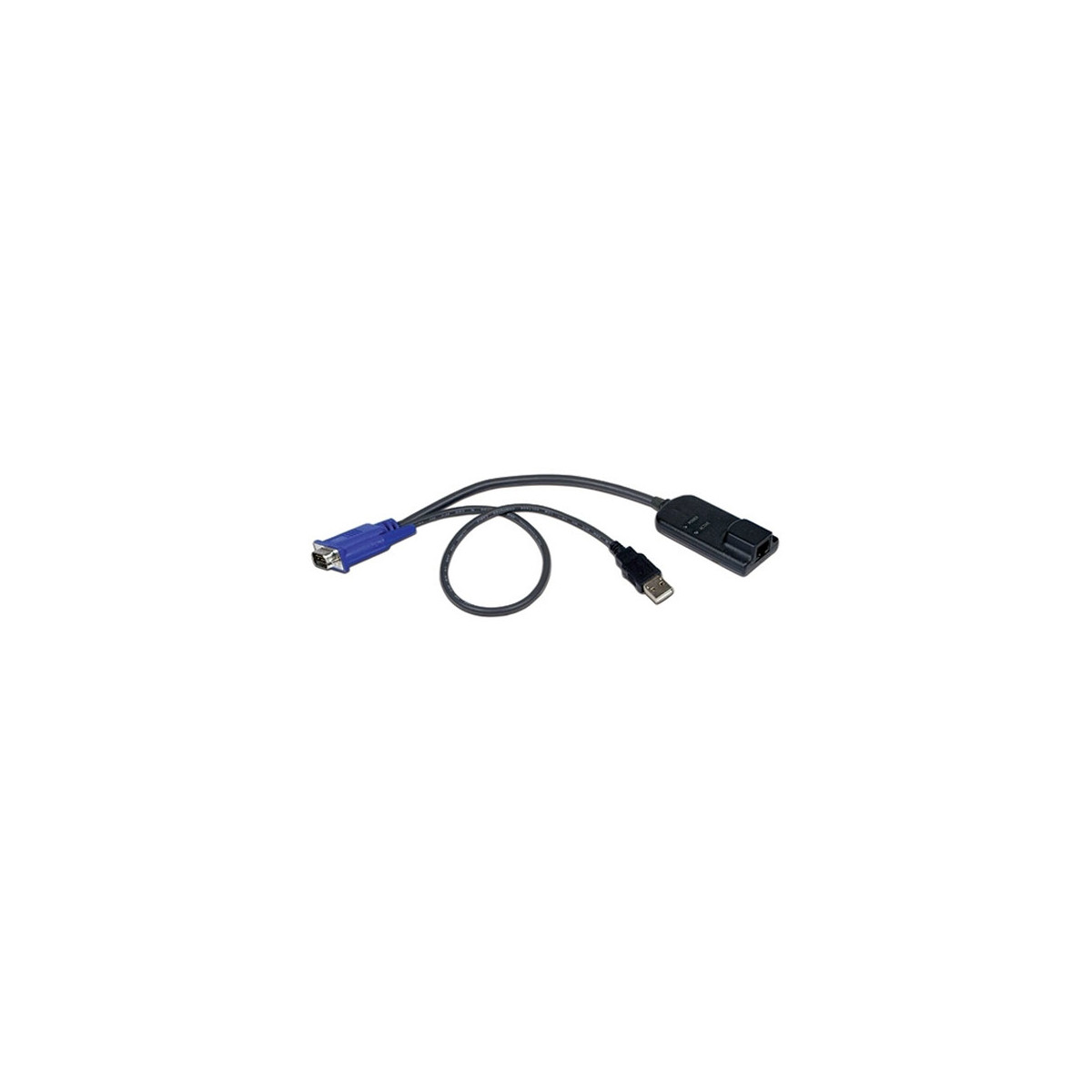 Un cavo adattatore da VGA a USB, con connettore VGA blu, connettore USB nero e adattatore nero.