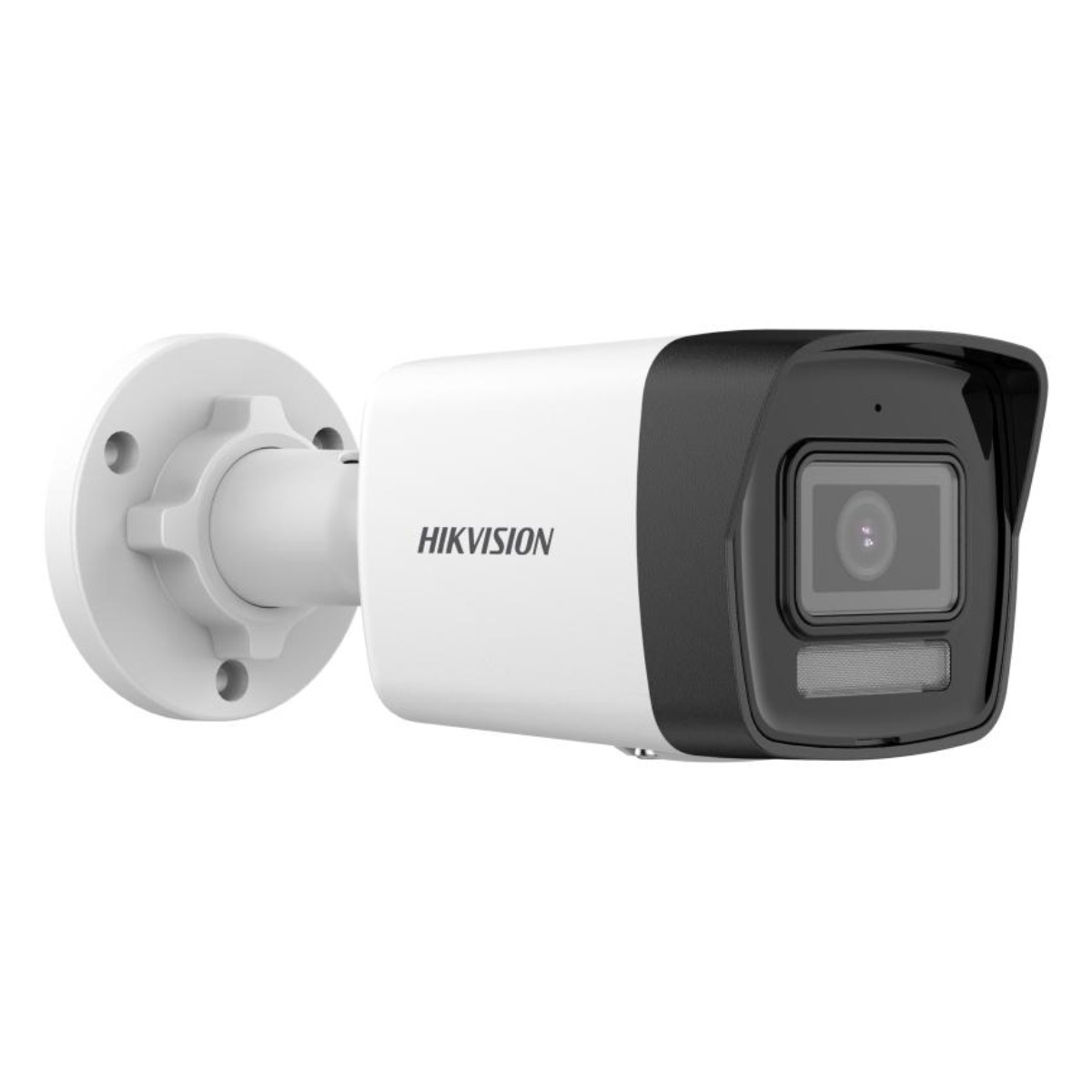 Weiße und schwarze Überwachungskamera. Sie hat den Markennamen HIKVISION.