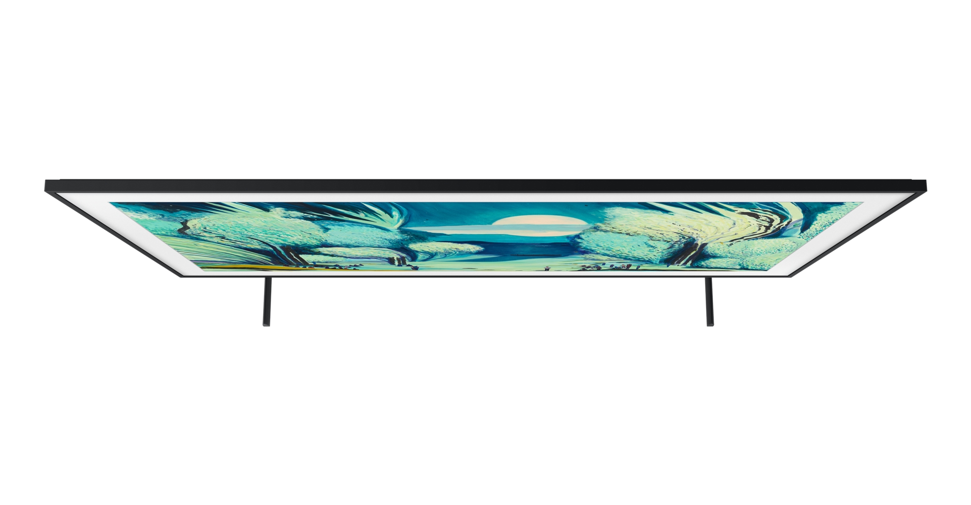 Vista dall'alto di una TV con cornice nera. Mostra un dipinto astratto di paesaggio.
