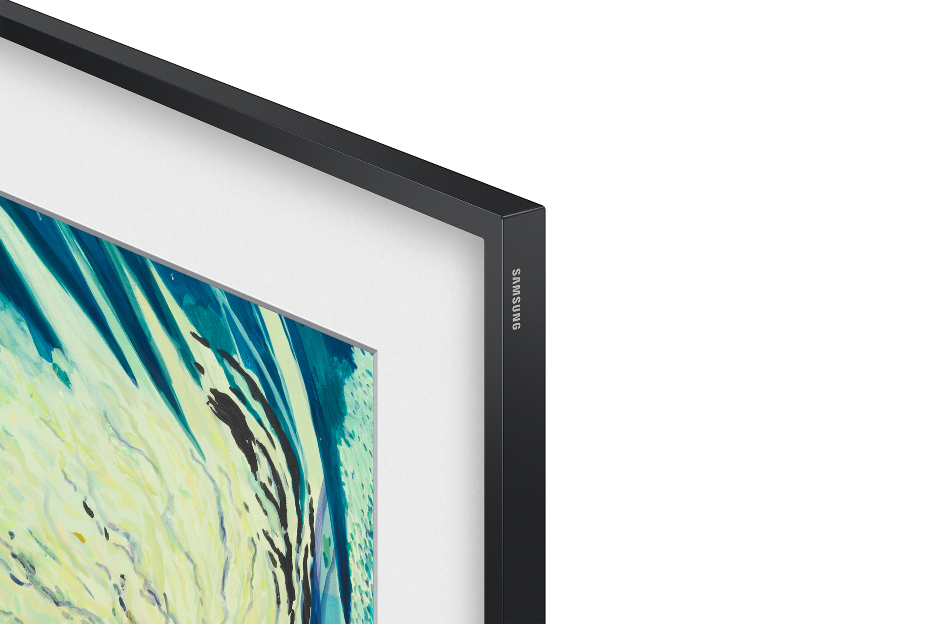 Primo piano di un angolo TV, con cornice nera e marchio SAMSUNG bianco.