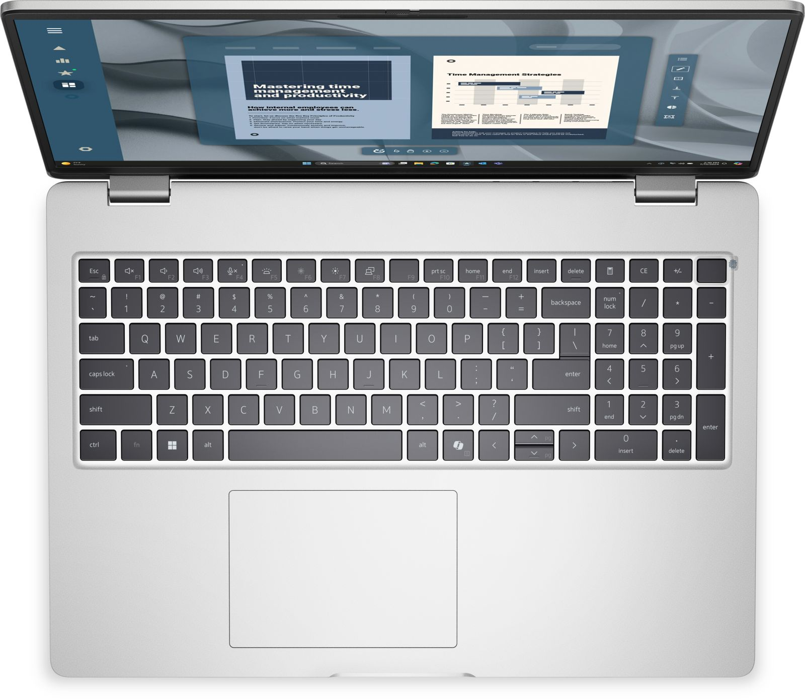 Laptop z otwartym ekranem, wyświetlający dokument zarządzania czasem. Widoczna klawiatura.