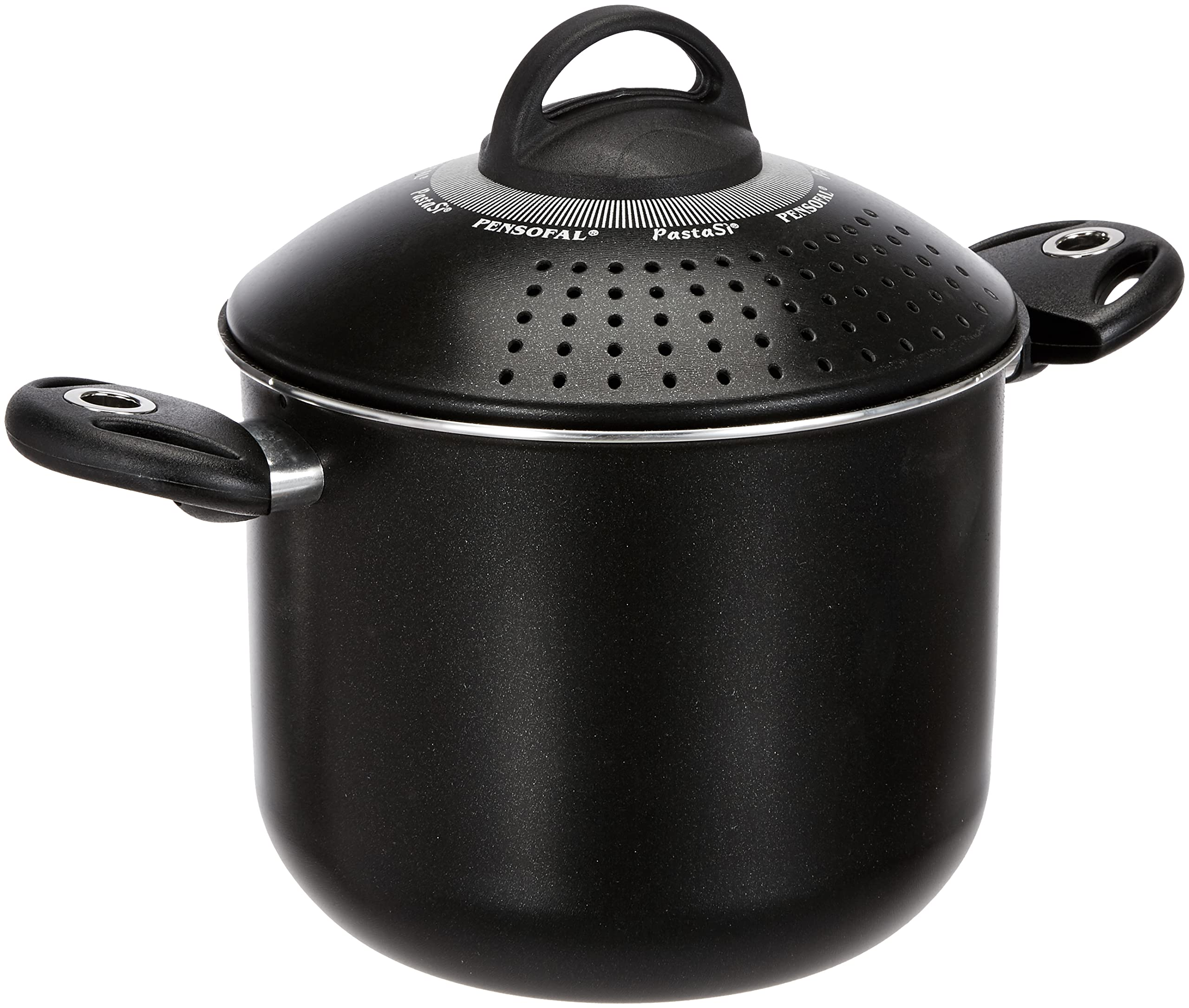 Czarny garnek z uchwytami i pokrywką z otworami na górze.