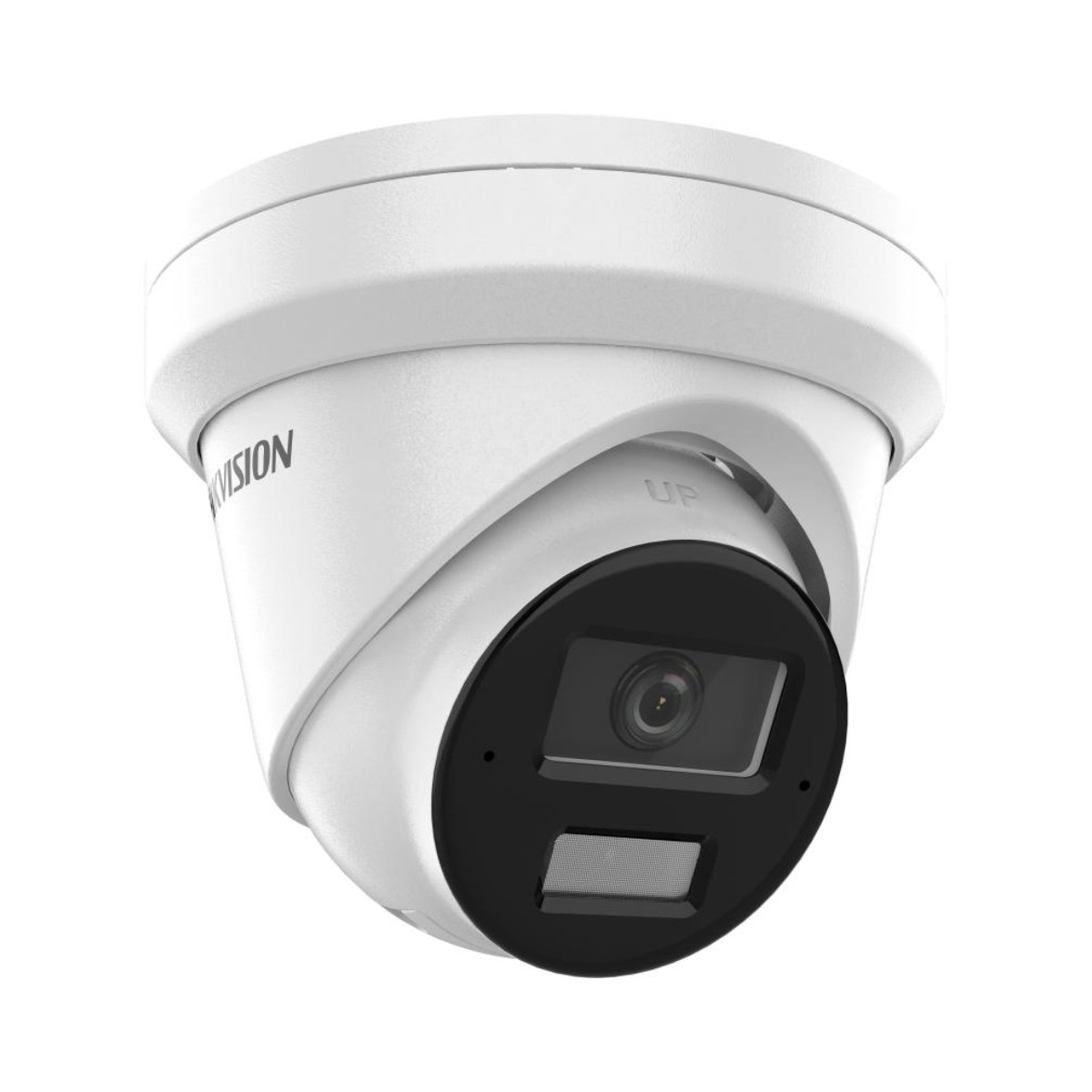 Eine weiße Sicherheitskamera mit schwarzer Front und Hikvision-Logo, auf einer Oberfläche montiert.