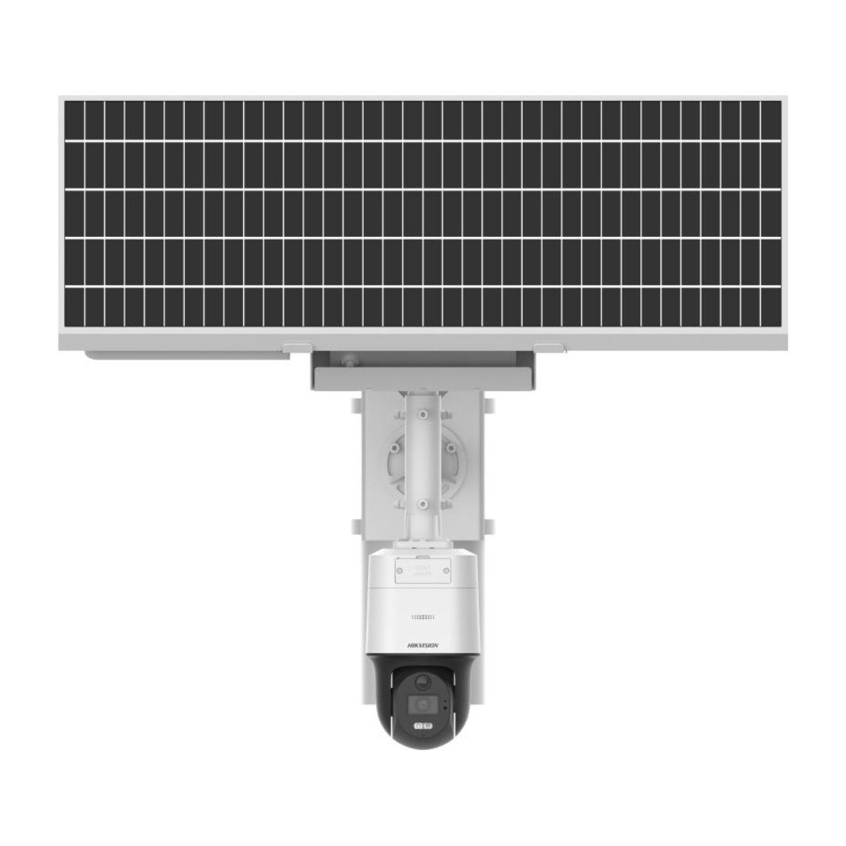 Una telecamera di sicurezza sotto un pannello solare bianco su uno sfondo bianco.