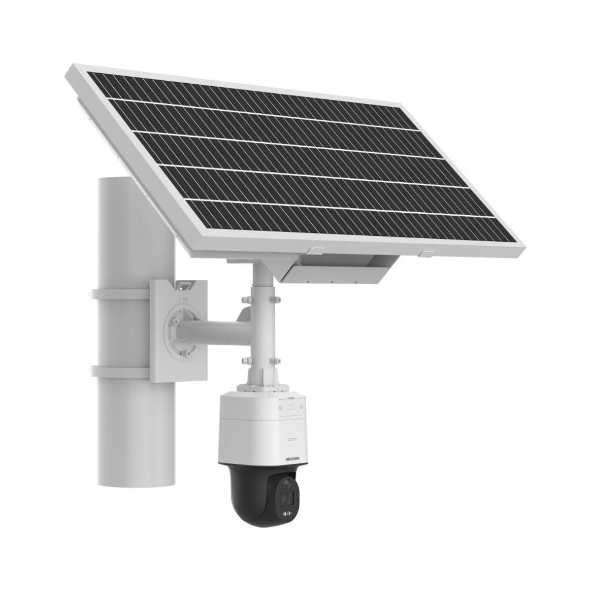Palo bianco con pannello solare e telecamera di sicurezza montata sopra.