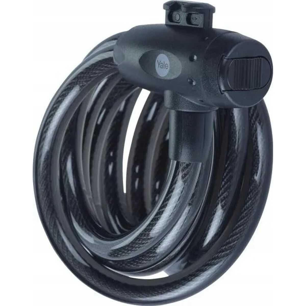 Czarny, spiralny zamek rowerowy z logo Yale. Zamek jest zwinięty i gotowy.