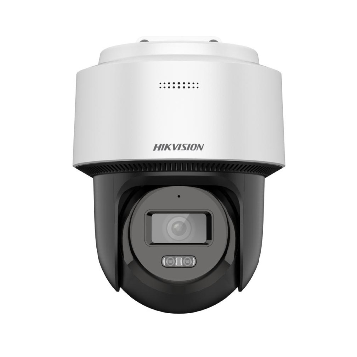 Weiße und schwarze Überwachungskamera mit Hikvision-Logo. Die Kamera hat eine Linse und eine Kuppel.